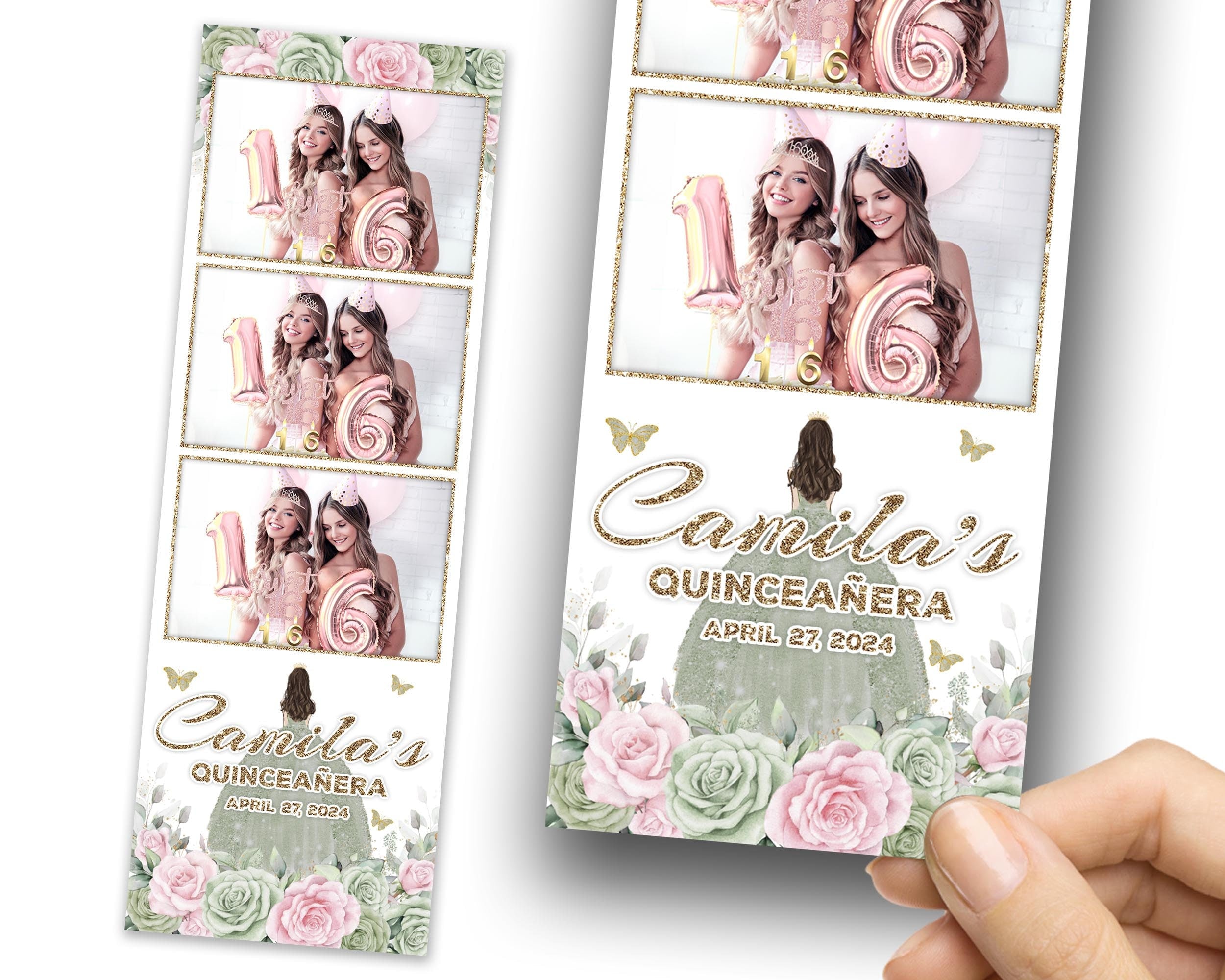 Birthday, Sweet 16, Quinceañera, Photobooth Template, Green, Pink, Golden, Sweet Sixteen, Quinceanera, Mis Quince, XV, Photo Booth 1091