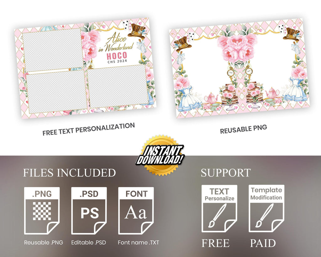 Alice in Wonderland Photo Booth Template pink floral golden text editable