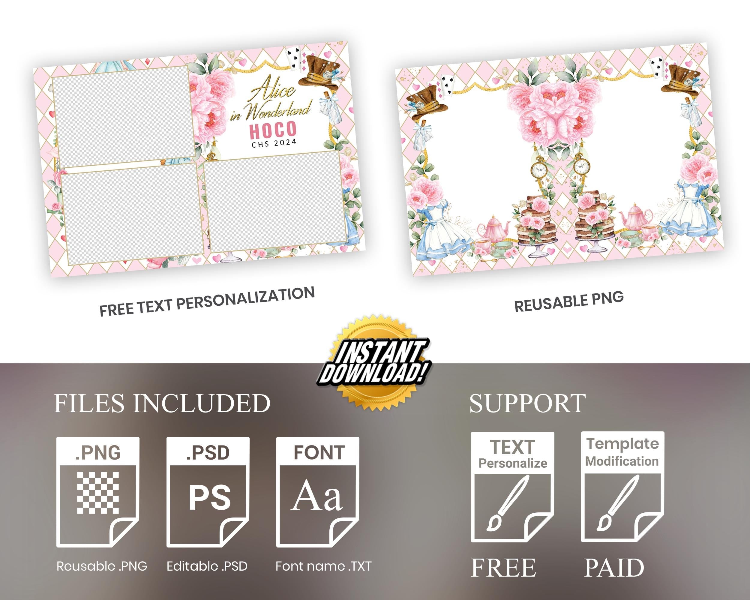 Alice in Wonderland Photo Booth Template pink floral golden text editable