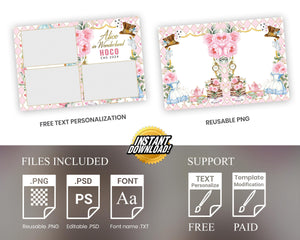 Alice in Wonderland Photo Booth Template pink floral golden text editable