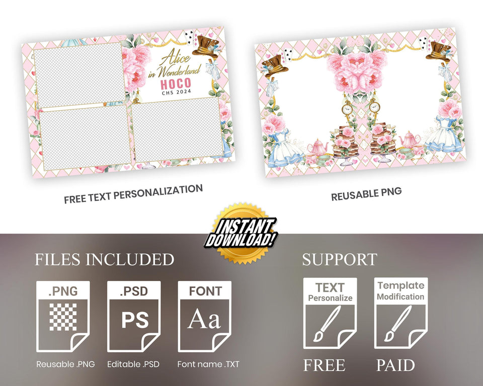 Alice in Wonderland Photo Booth Template pink floral golden text editable
