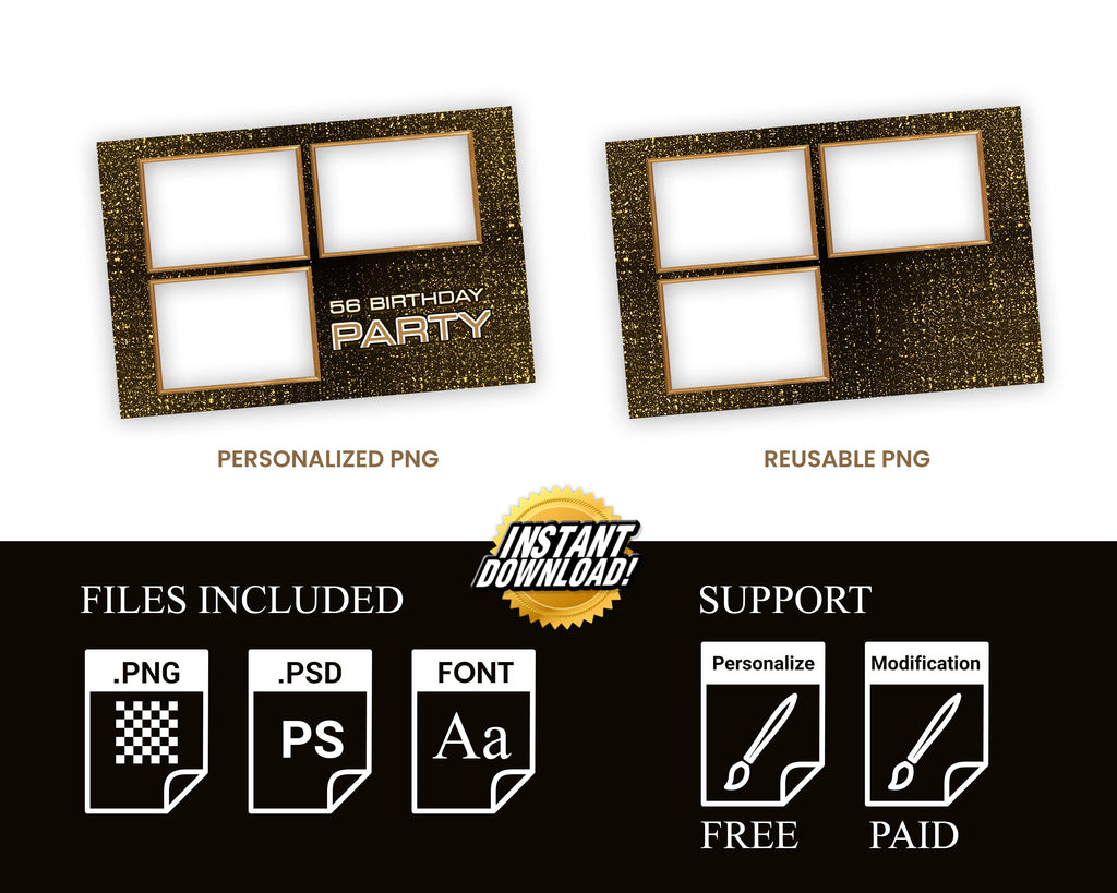 Birthday Party Photobooth Template Gold Sparkle Glitter Golden 4x6 Sweet 16 Birthday Photo Booth Template