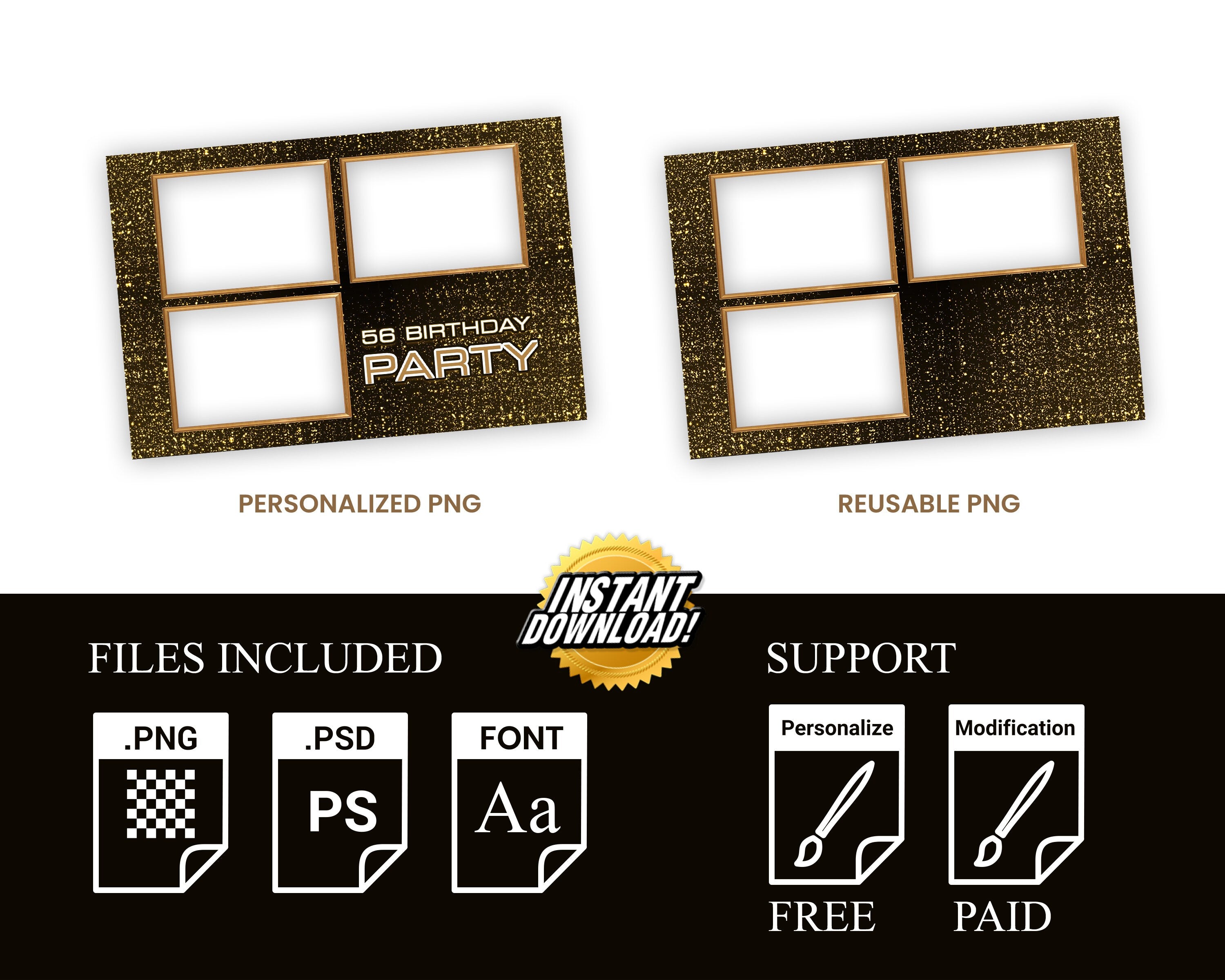 Birthday Party Photobooth Template Gold Sparkle Glitter Golden 4x6 Sweet 16 Birthday Photo Booth Template