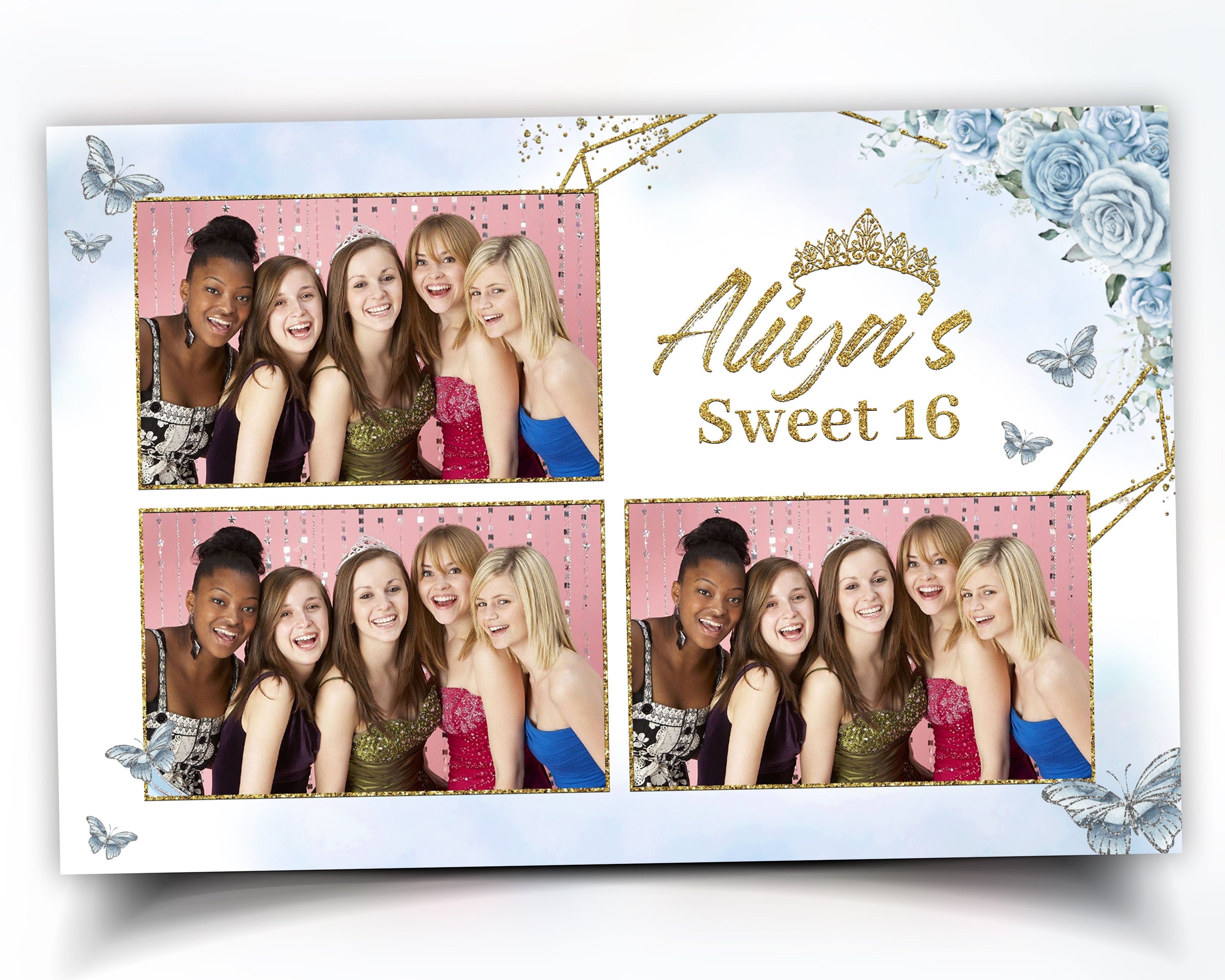 Birthday Photobooth Template, Sweet 16 Photo Booth, Quinceanera, Mis Quince, XV, Blue Flower Template