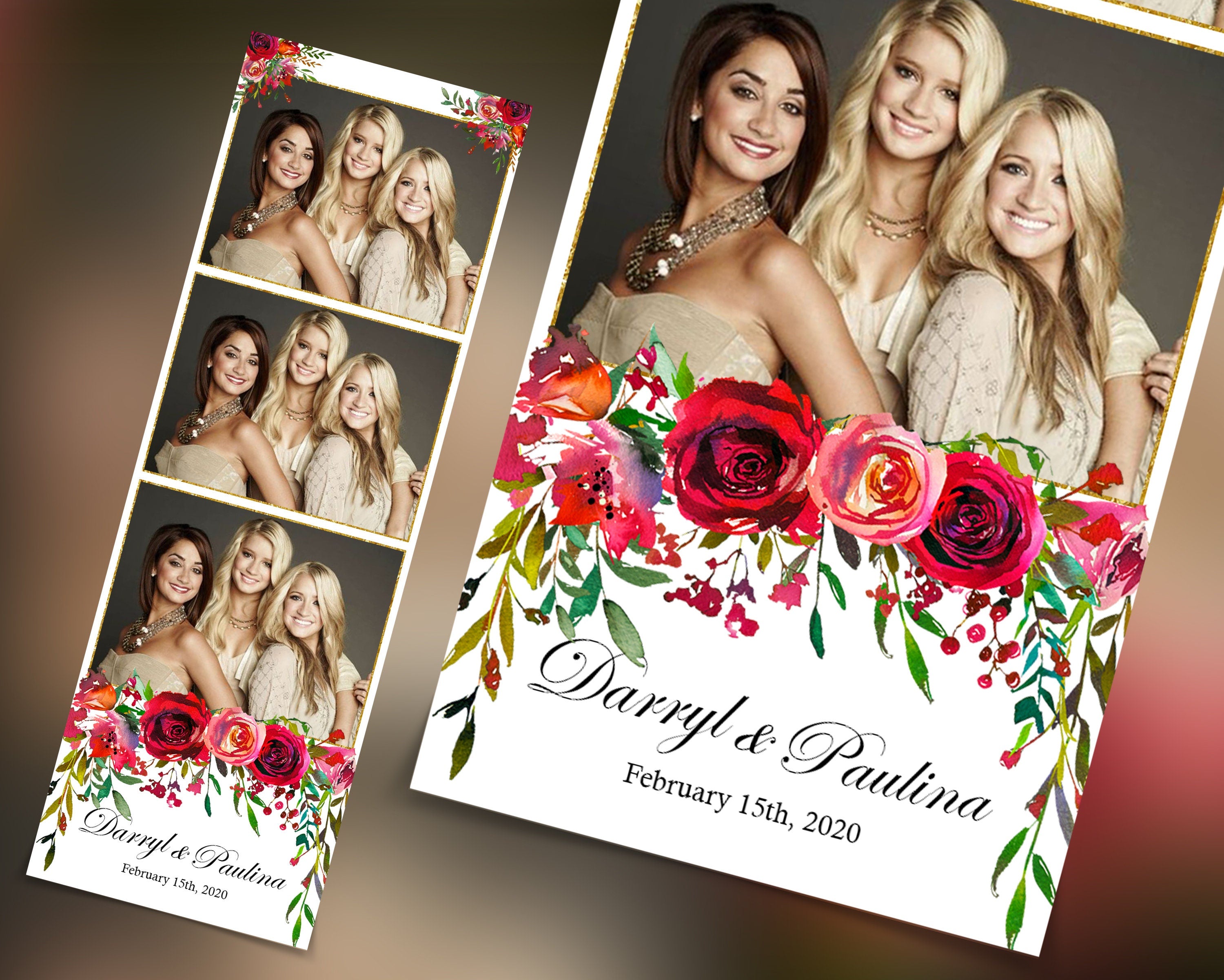 Wedding Bridal Shower Sweet 16 Floral Anniversary Photo Booth Template 2x6 Photobooth Template with xbdr psd png jpg and mockup