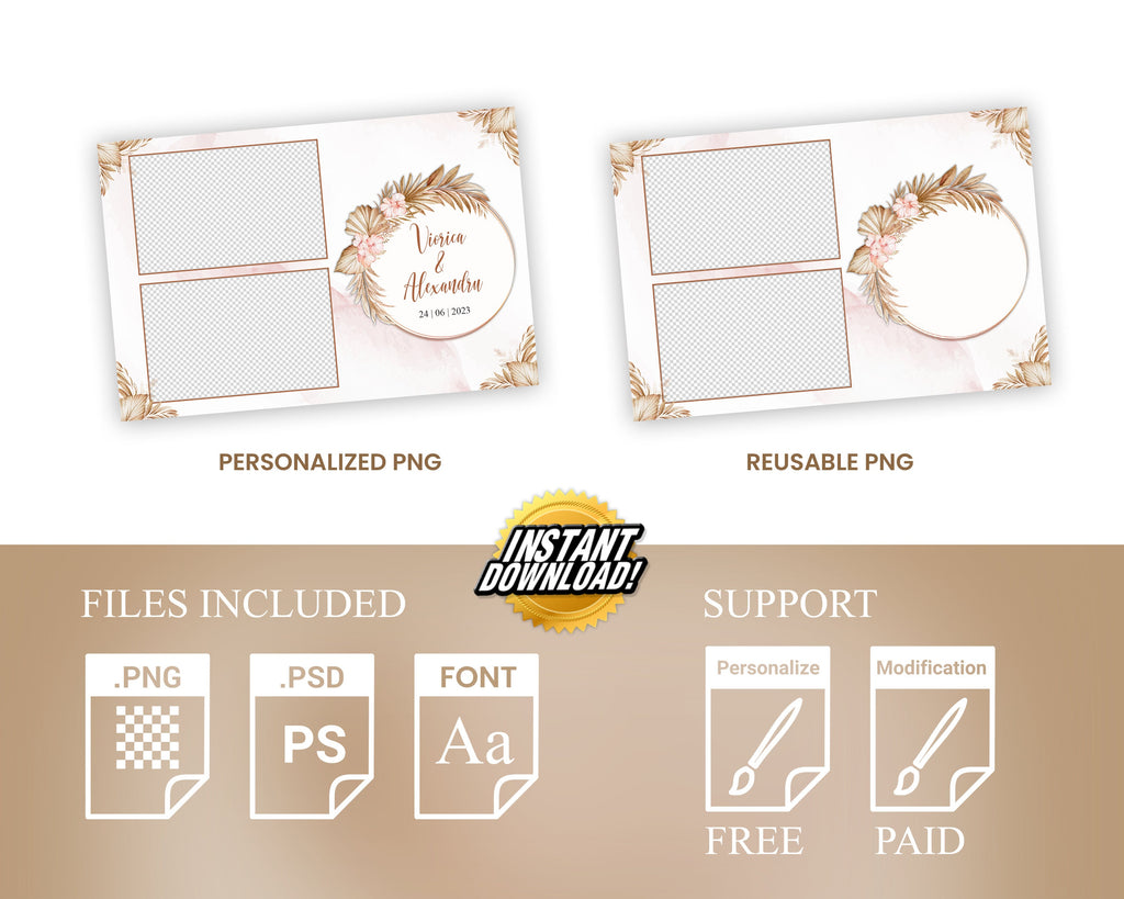 Boho Wedding Photo Booth Template 4x6 Stripe gold floral Photobooth