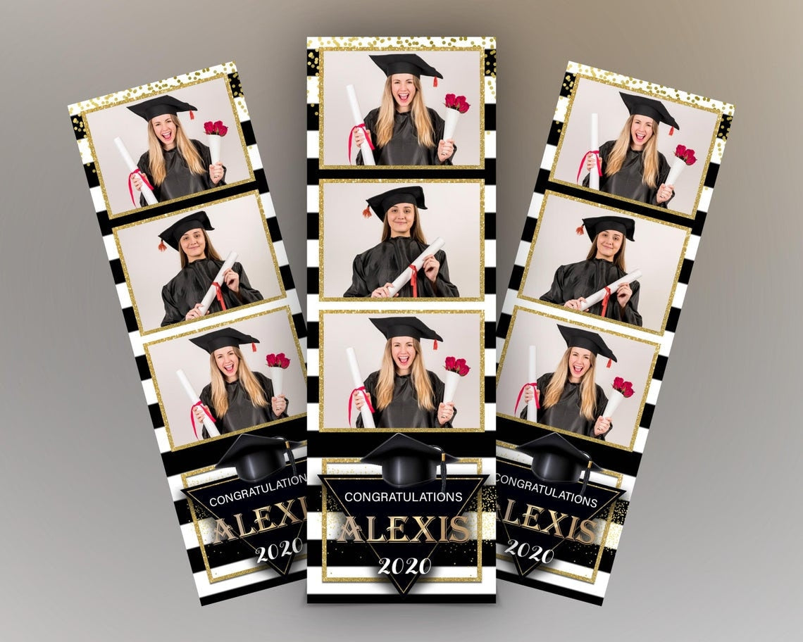 Graduation Party Photobooth template, class of 2023, black gold & white strip 2x6 triple shot photo booth template