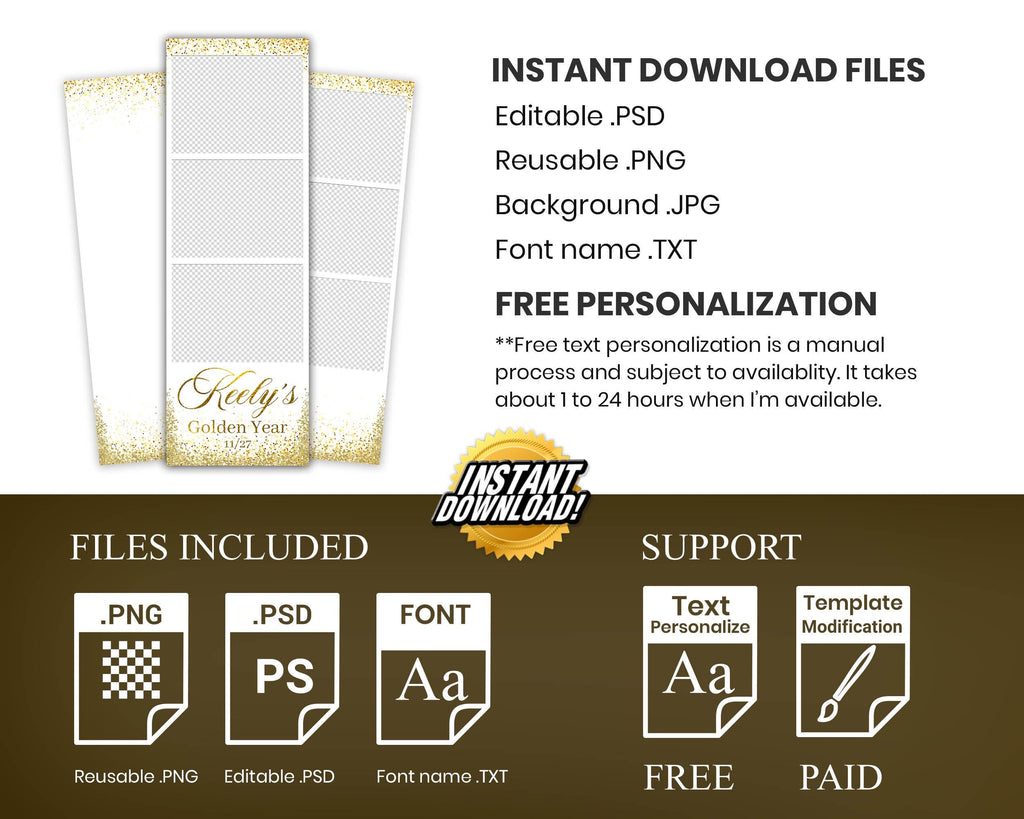 Golden Year Photo Booth Template Gold Glitter Birthday Photobooth Template 528