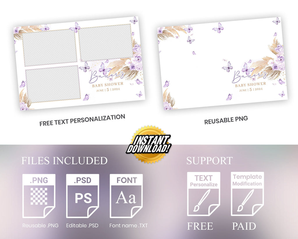 Baby Shower Photobooth Template, Baby Shower Photobooth Template, Sweet 16 Purple Butterfly, Quinceanera Birthday Photo booth Template 1098