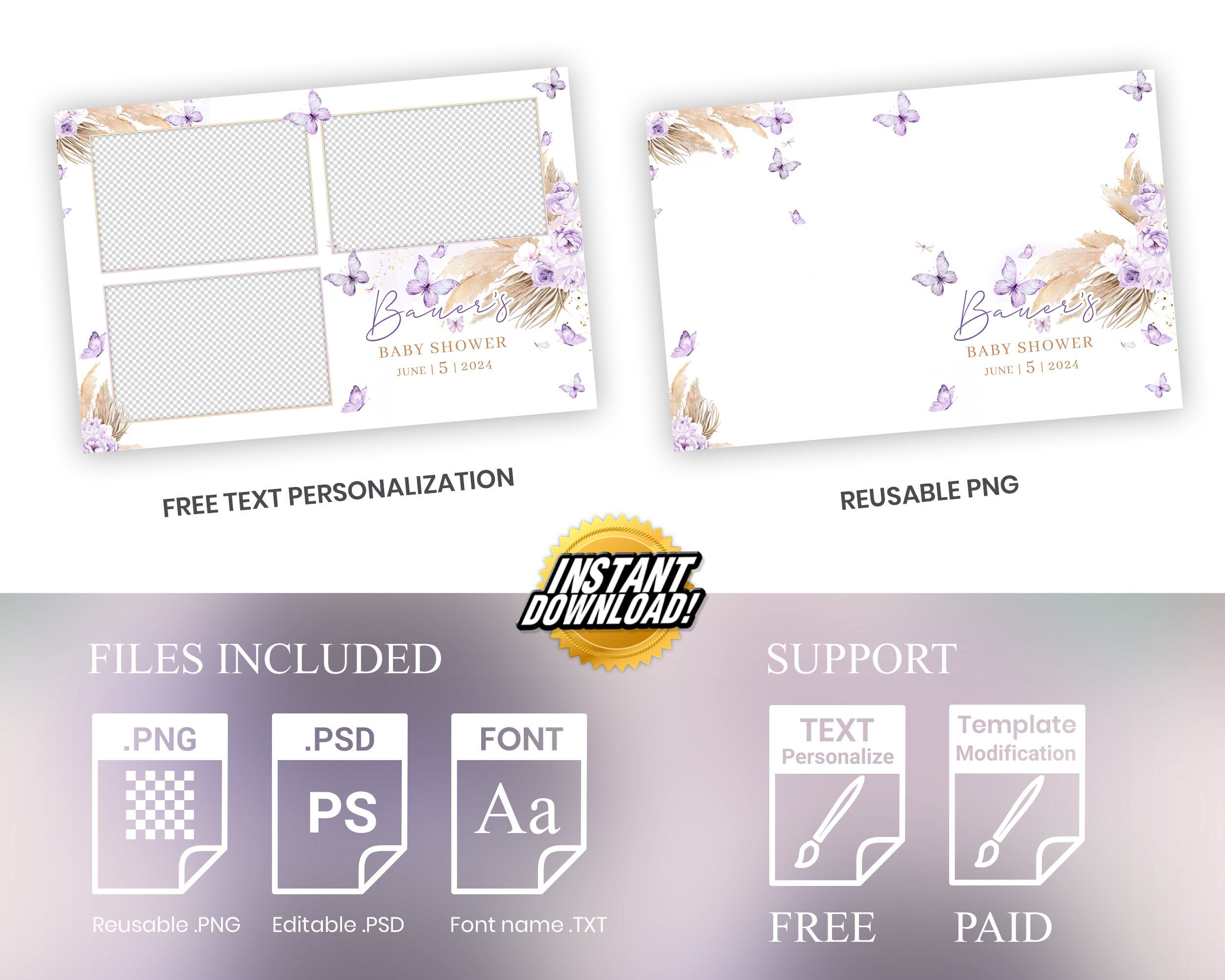 Baby Shower Photobooth Template, Baby Shower Photobooth Template, Sweet 16 Purple Butterfly, Quinceanera Birthday Photo booth Template 1098