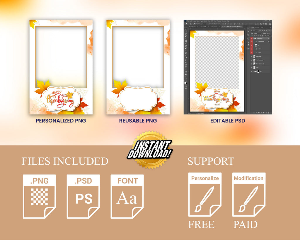 Thanksgiving Fall Festival Photobooth Template 4x6 Portrait with Font and free personalization Autumn theme fall leaves photo booth template