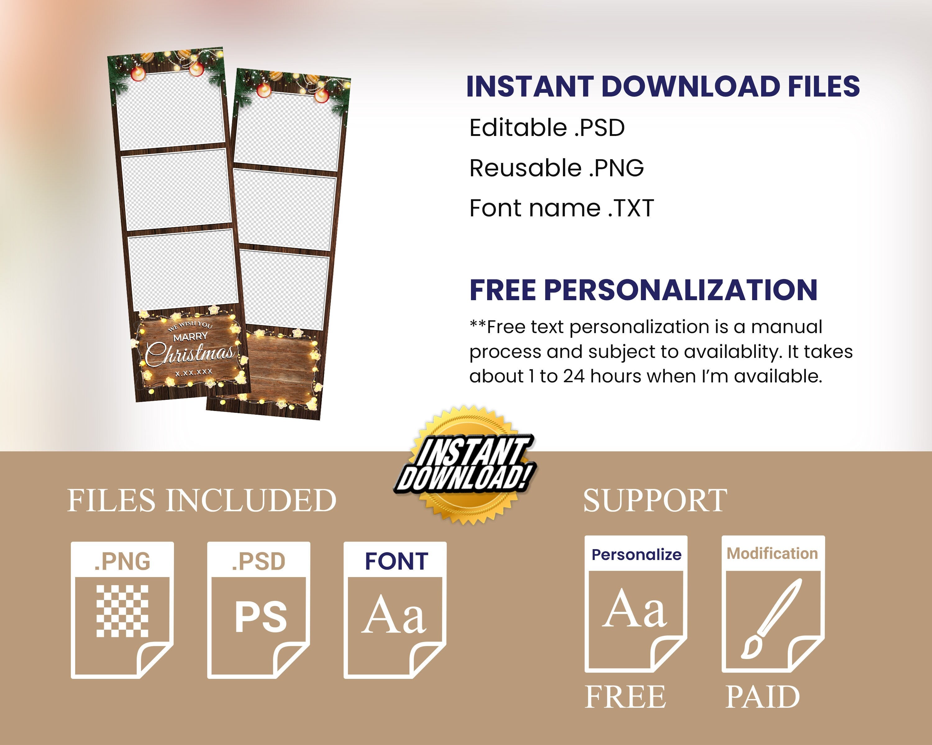 Christmas Photobooth Template 2024 Happy Holidays New Year Wooden and Greenery with Lights 2x6 Strip 3 Photo Xmas Photo booth Template CM4