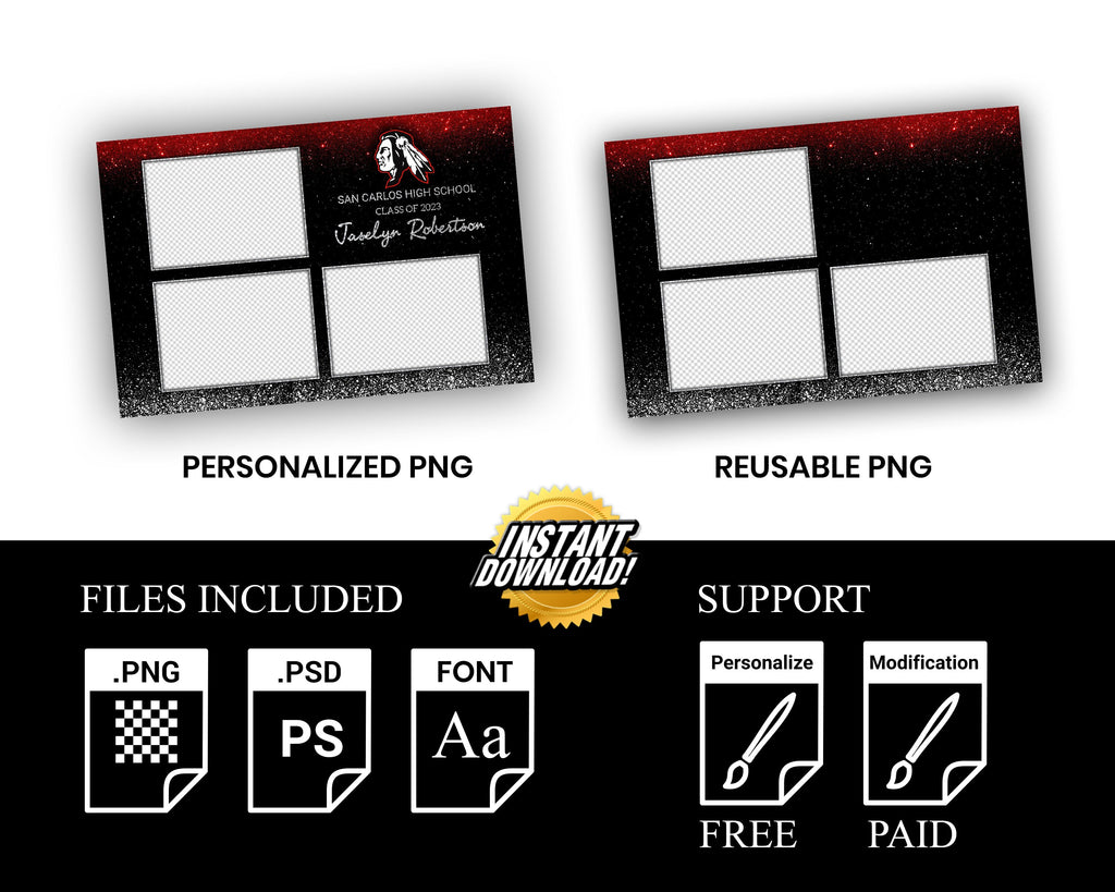 Graduation Celebration Party Photobooth Template Class of 2023 Silver Glitter Black Red Prom photo booth template Grad