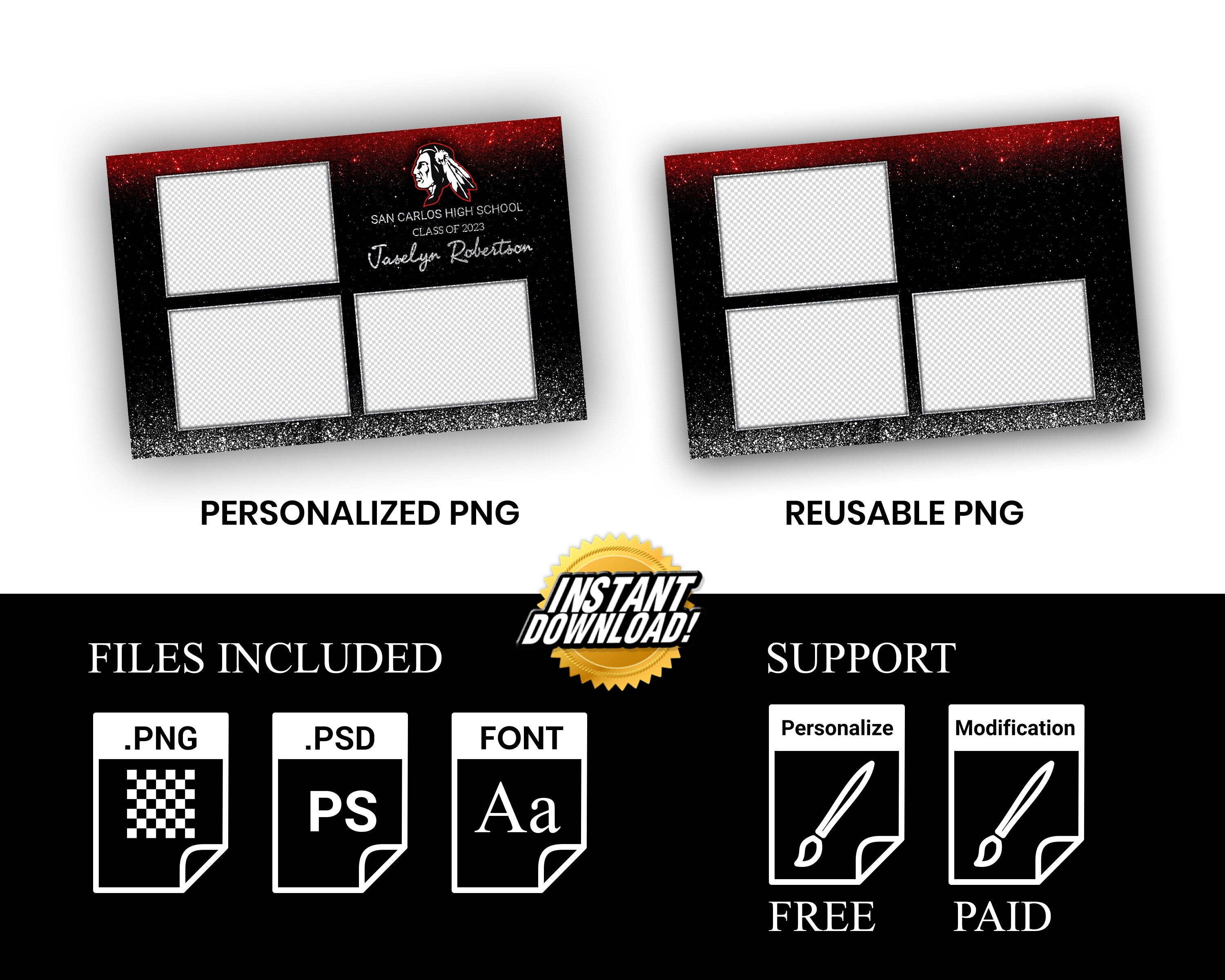 Graduation Celebration Party Photobooth Template Class of 2023 Silver Glitter Black Red Prom photo booth template Grad