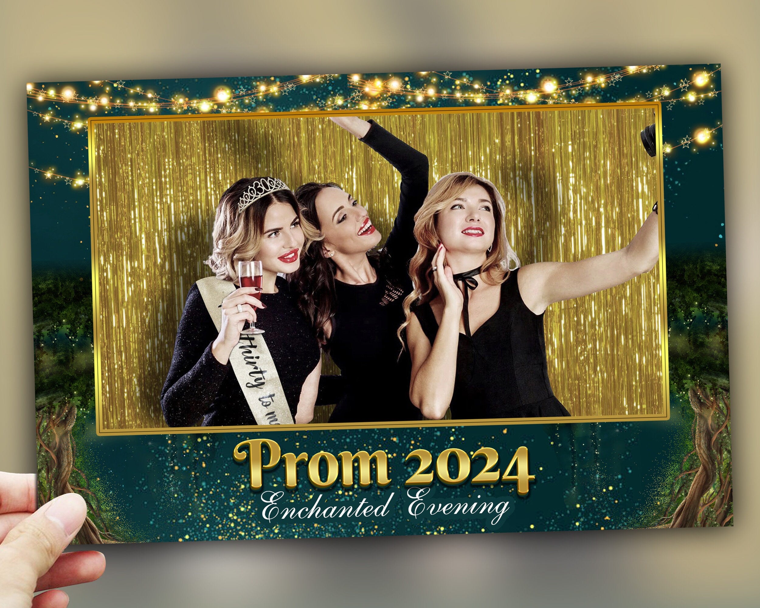 Enchanted Forest Prom 2024 Photobooth Template 4x6 Landscape 1 photo Class of 2024 Graduation Photo booth Template Green PSD PNG Editable