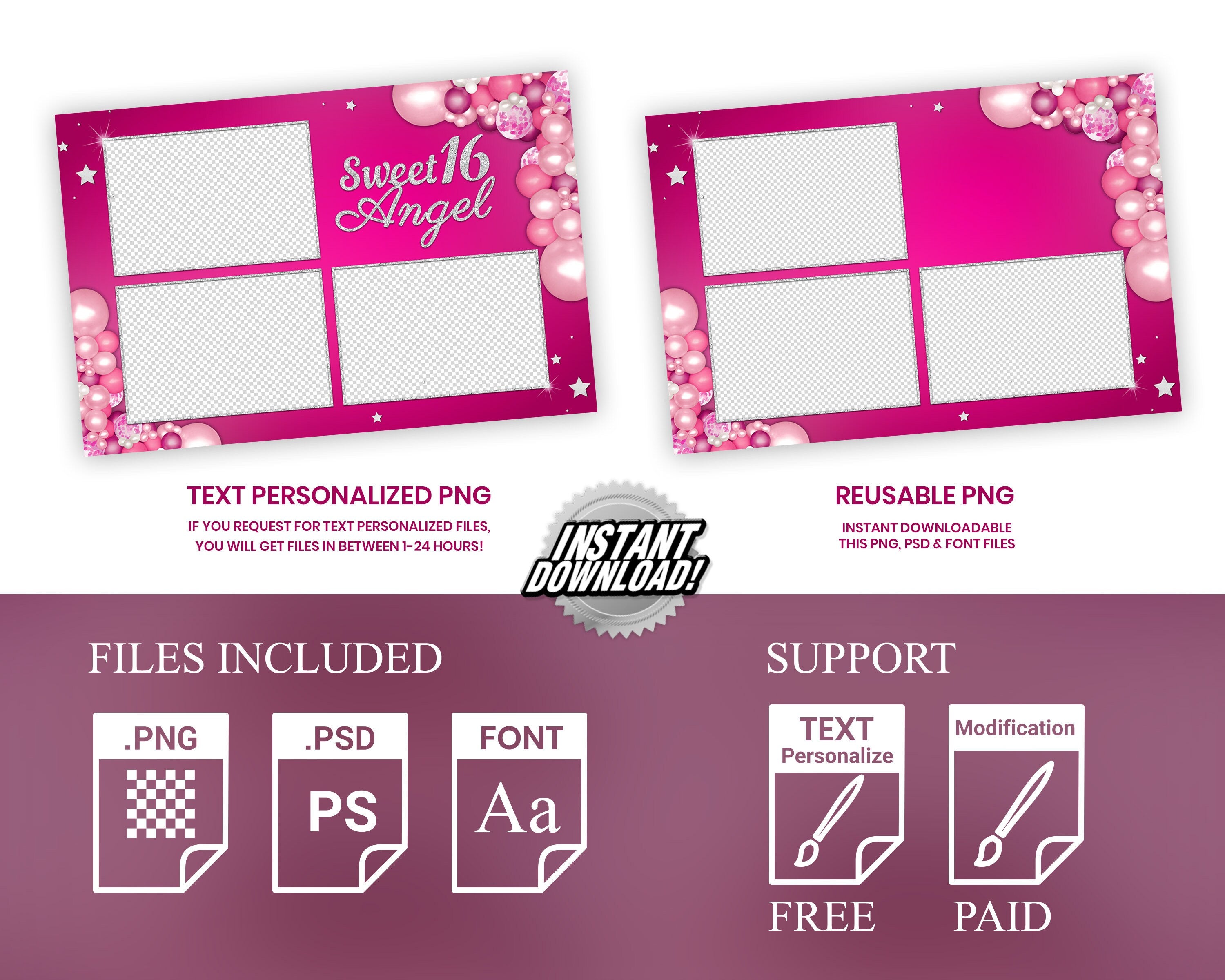 Quinceañera Birthday Sweet 16 Photobooth Template in pink rose gold Sweet Sixteen Quinceanera Photo Booth Template