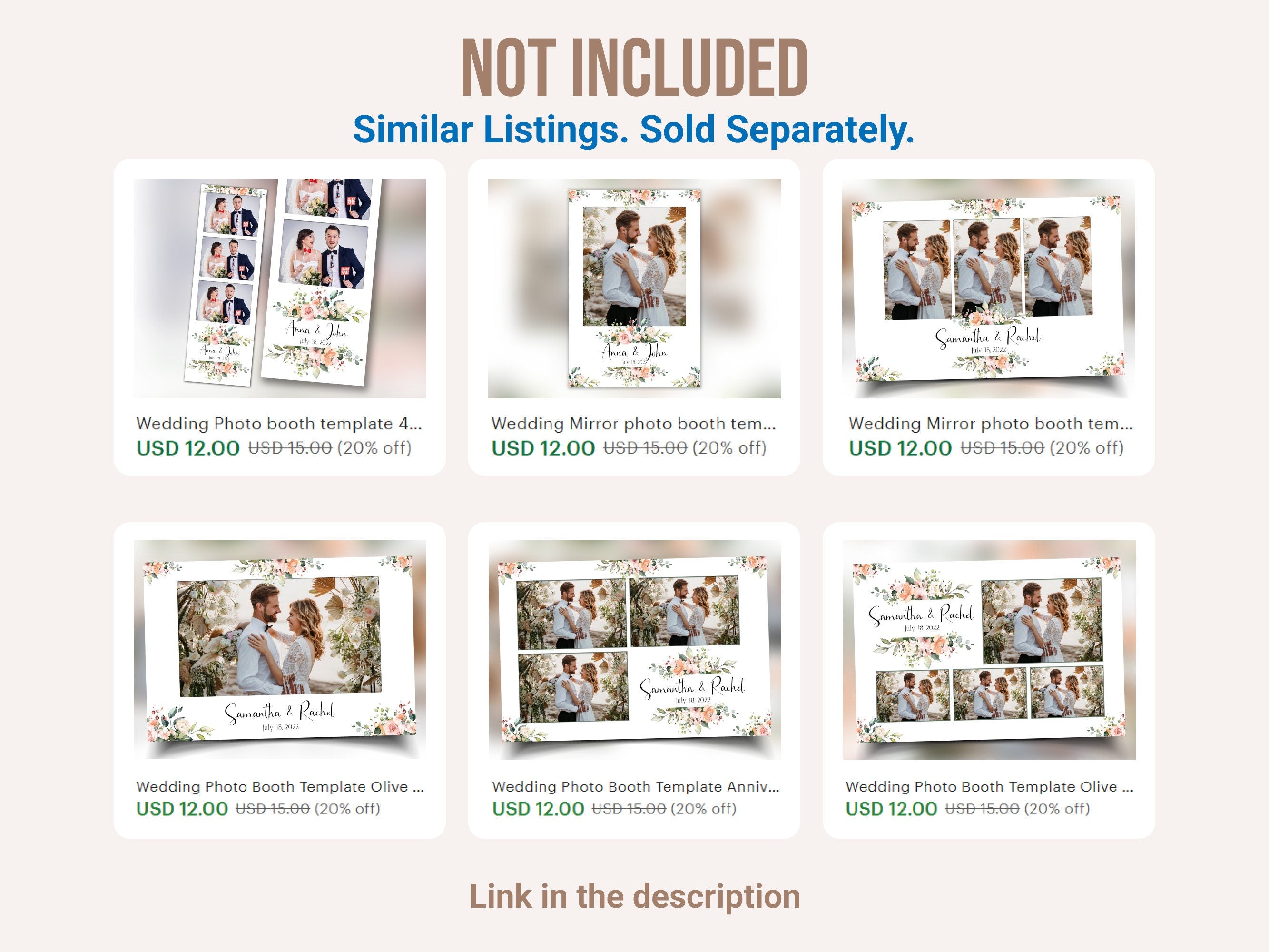 Wedding Mirror photo booth template 4x6 3 shot photo booth landscape floral light pink rose flowers and greenery photobooth B37 1242