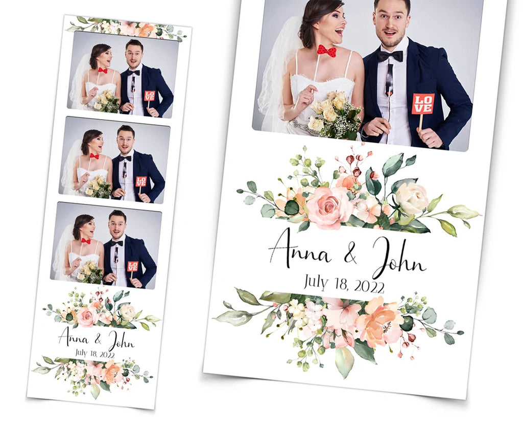 Wedding Photo booth template 2x6 strip with Floral light pink rose flowers and greenery photobooth template B37 1242