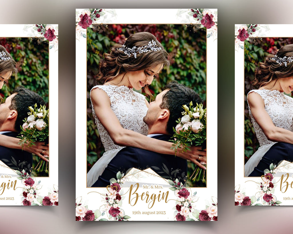Wedding Photobooth template, Burgundy Flowers Photo Booth, Anniversary, Bridal Shower, Mirror Booth, 360 Overlay