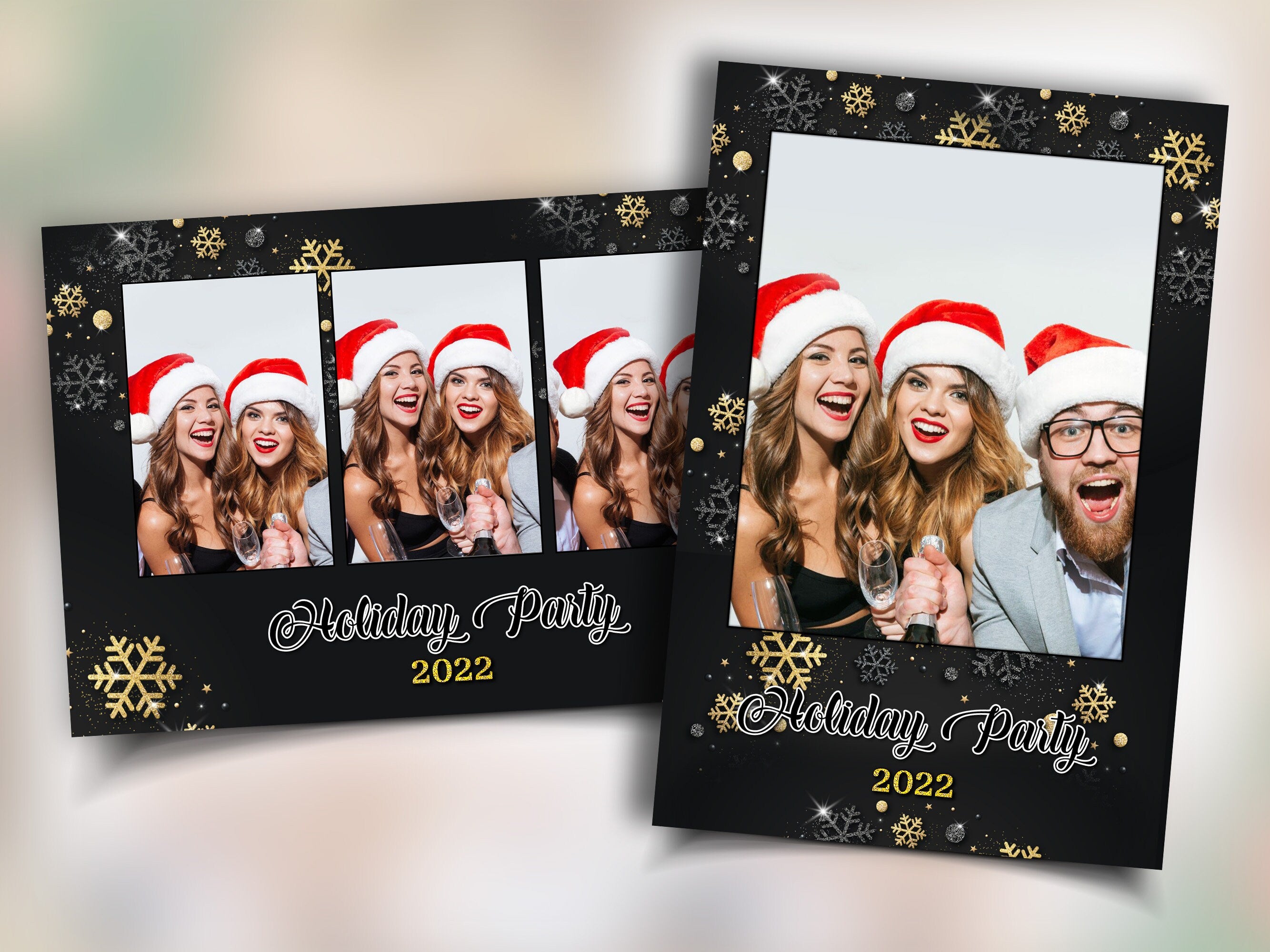 Gold Black Silver Christmas Photobooth Template 4x6 3 photo mirror booth Merry Christmas and New Year and Holiday photo booth Template