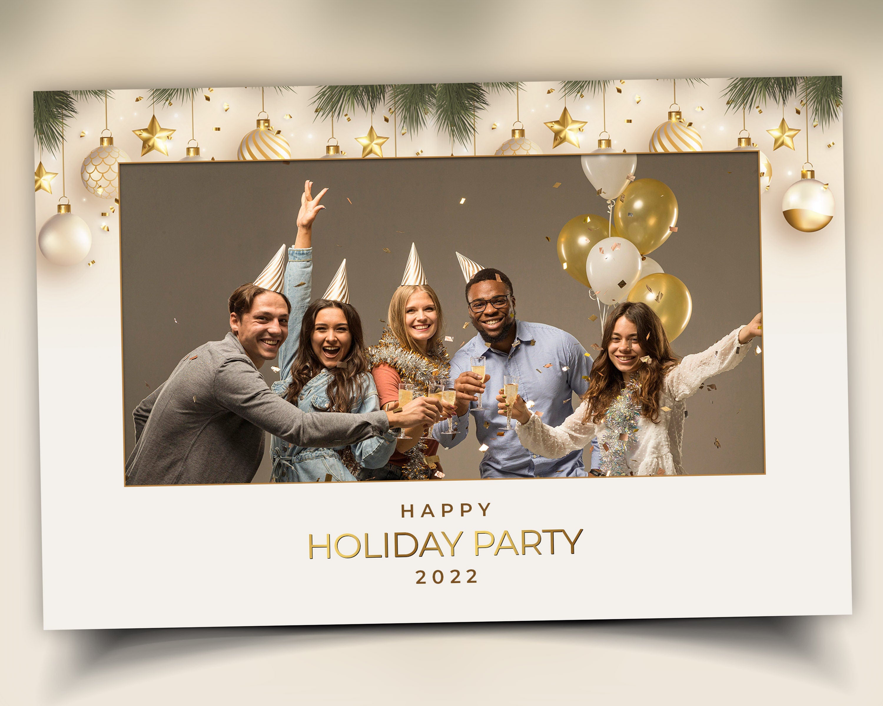 Christmas Photobooth Template 4x6 Landscape Single Photo 2023 Holiday Party Gold and Green Happy New Year Xmas Mirror booth Template CM2