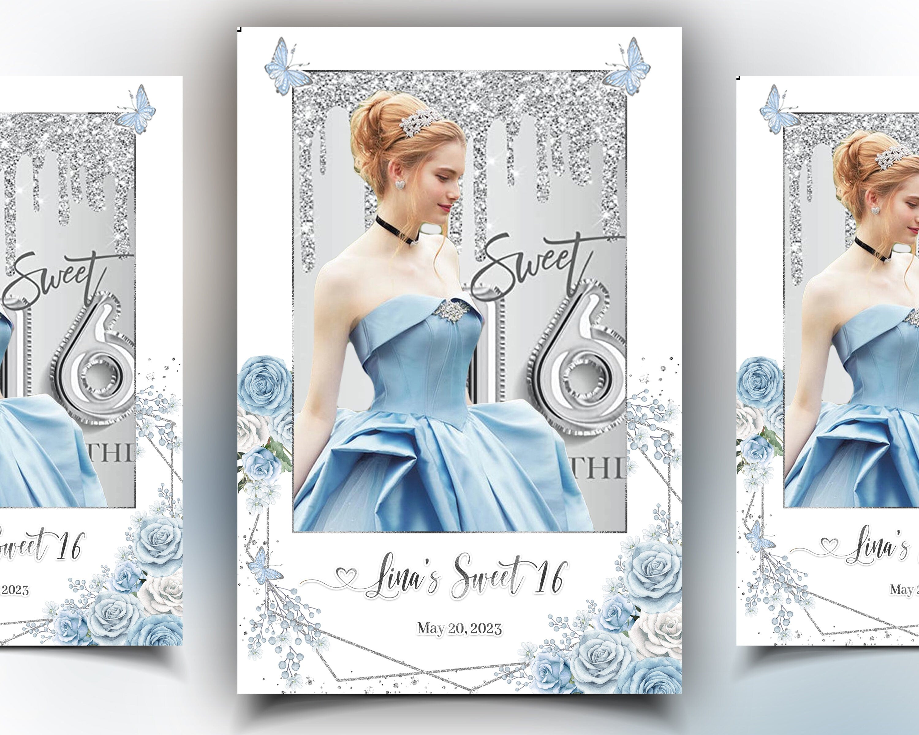Birthday Butterfly Floral Quinceañera Sweet 16 Photo Booth template 4x6 Mirror Booth Sixteen Flower Blue Silver Photobooth Template