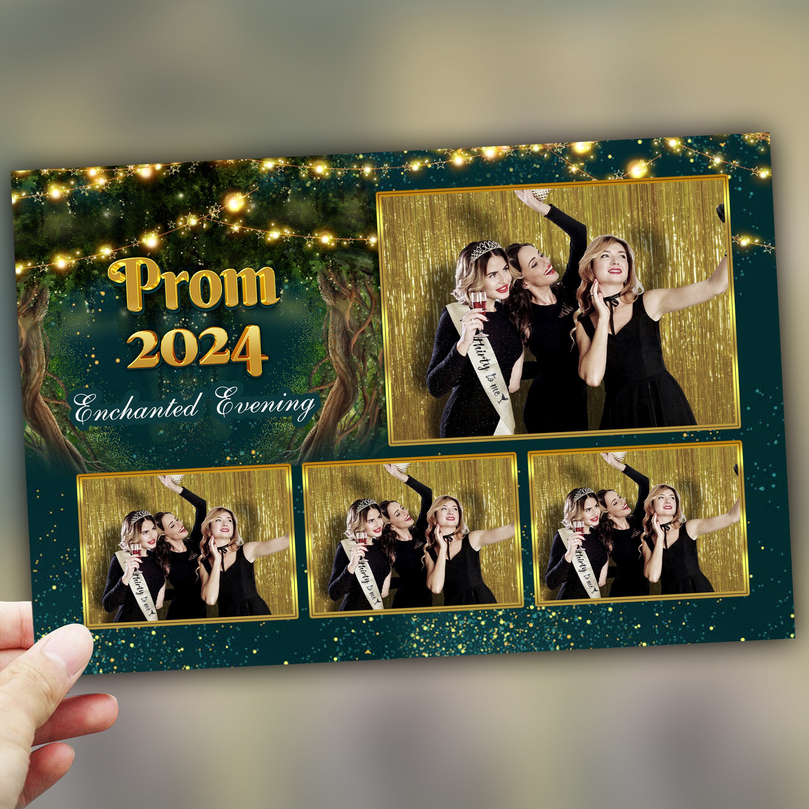 Enchanted Forest Prom 2024 Photobooth Template 4x6 Postcard 4 photo Class of 2024 Graduation Photo booth Template Green PSD PNG Editable