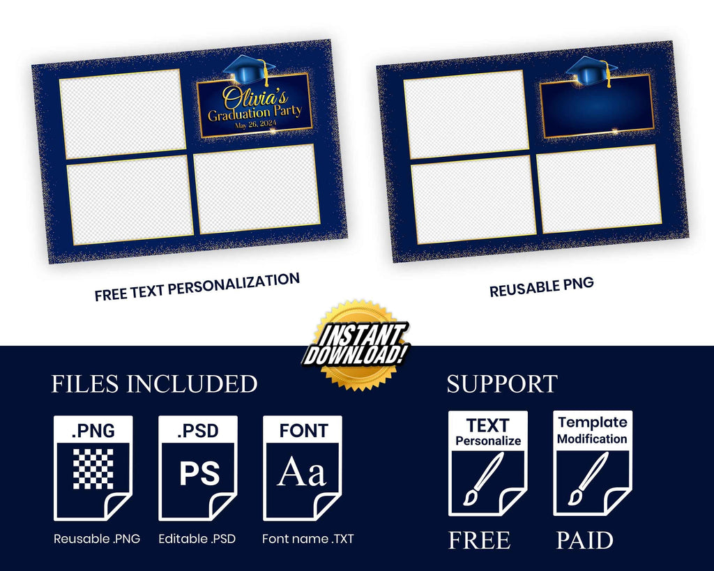 Graduation Photo Booth Template, Grad Photobooth Template, Class of, Prom, Blue and Gold