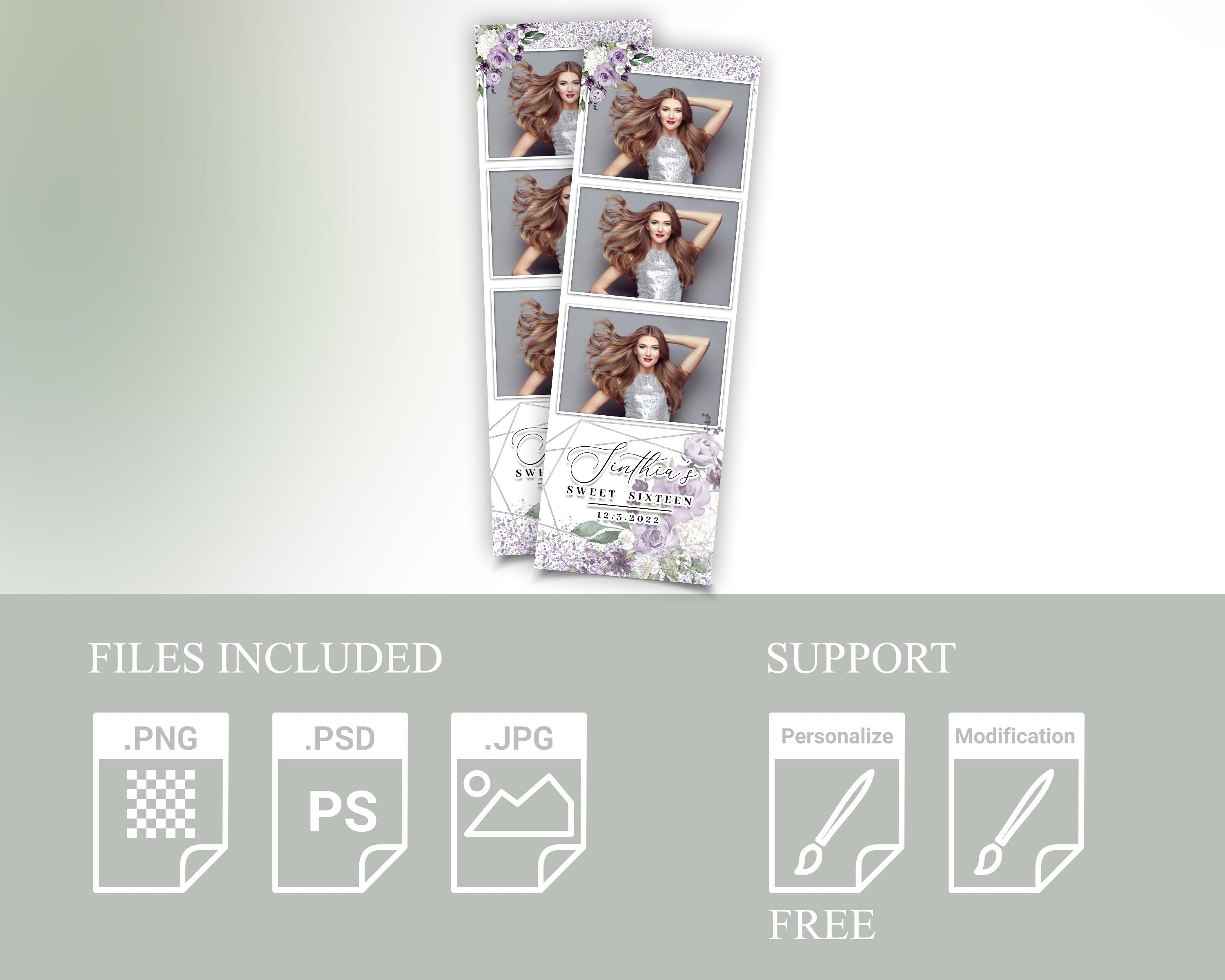 Quinceañera Photobooth Templates 2x6, Strip, Editable PSD