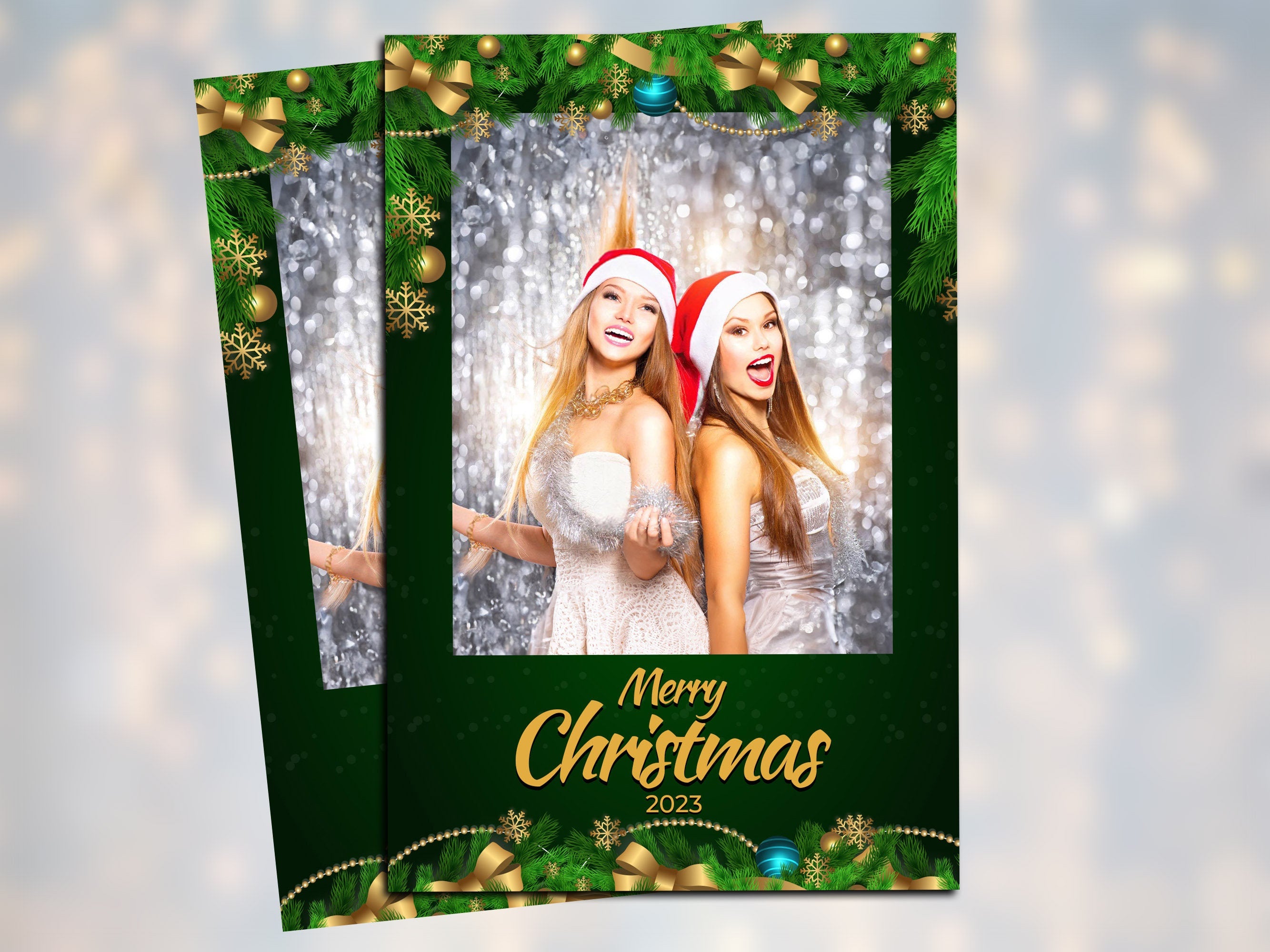 Christmas Holiday Party 2023 Photo Booth Template Green Gold Corporate Party Photobooth 4x6 Portrait Single Photo Mirror booth template CM5