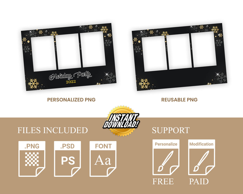Gold Black Silver Christmas Photobooth Template 4x6 3 photo mirror booth Merry Christmas and New Year and Holiday photo booth Template