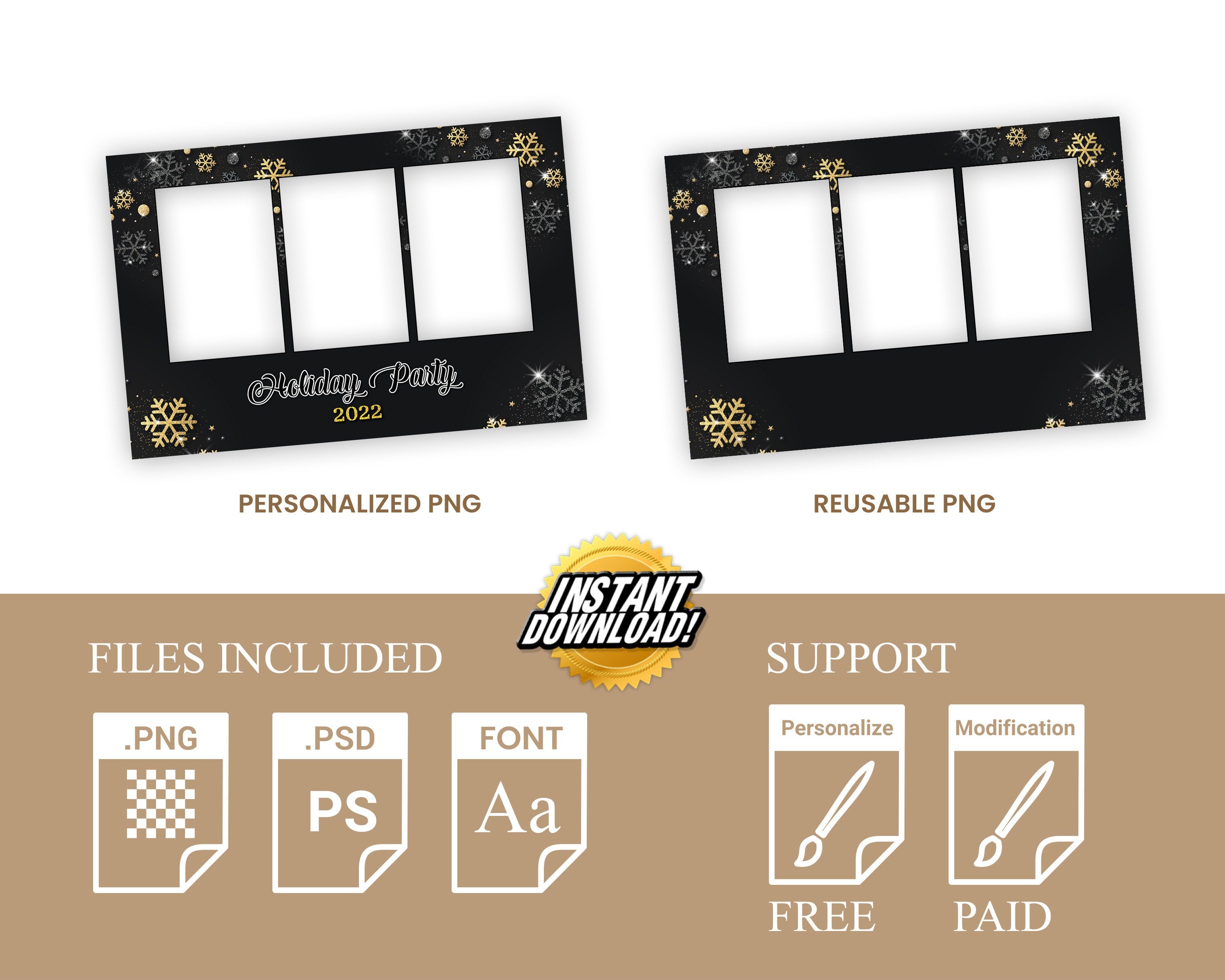 Gold Black Silver Christmas Photobooth Template 4x6 3 photo mirror booth Merry Christmas and New Year and Holiday photo booth Template