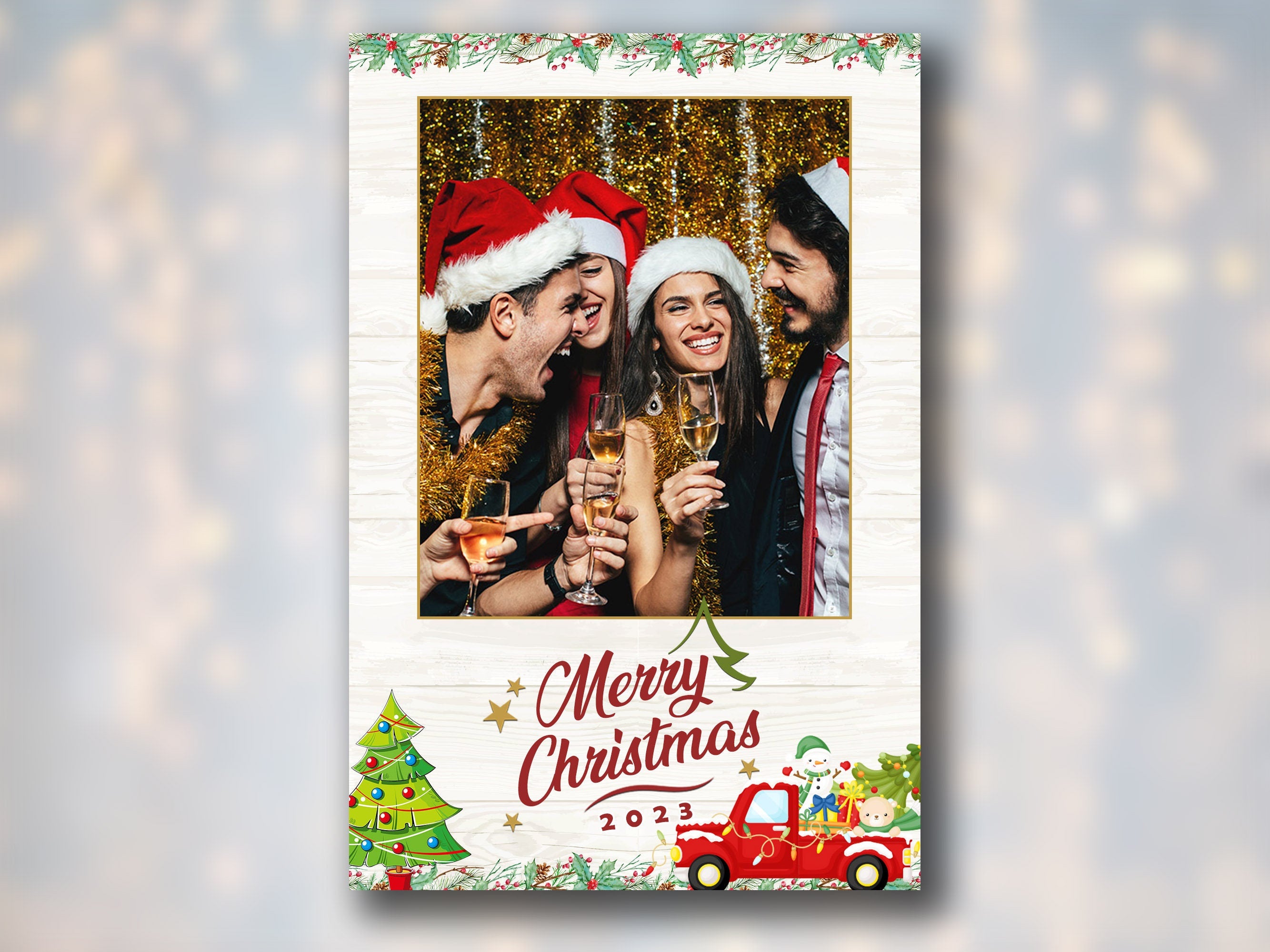 Christmas Truck Photo Booth Template, Merry Christmas and New Year 2024, Xmas 4x6 Portrait Single Photo Mirror Booth Photobooth Template