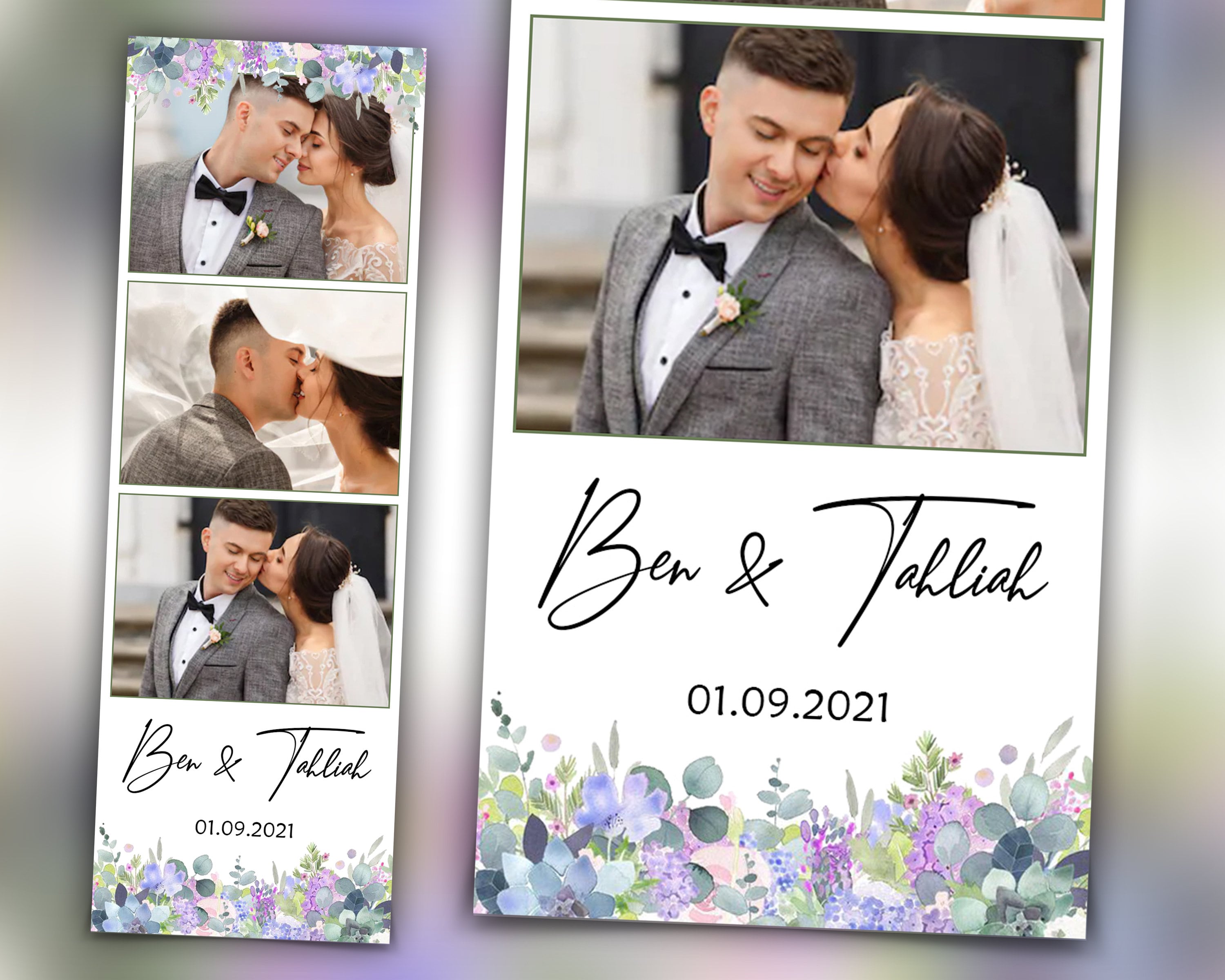 Wedding Bridal Shower green Photobooth Template Floral leaves Anniversary Photo Booth Template 2x6 photo strip botanic watercolor with fonts