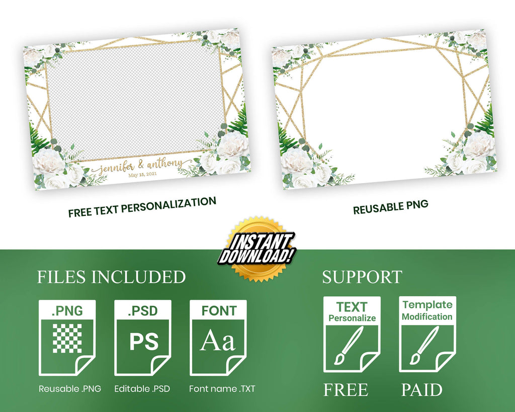 Wedding Photobooth Template, Floral Photobooth Template, Greenery Wedding Photo booth Template, White Flowers, White Floral, Flower 182