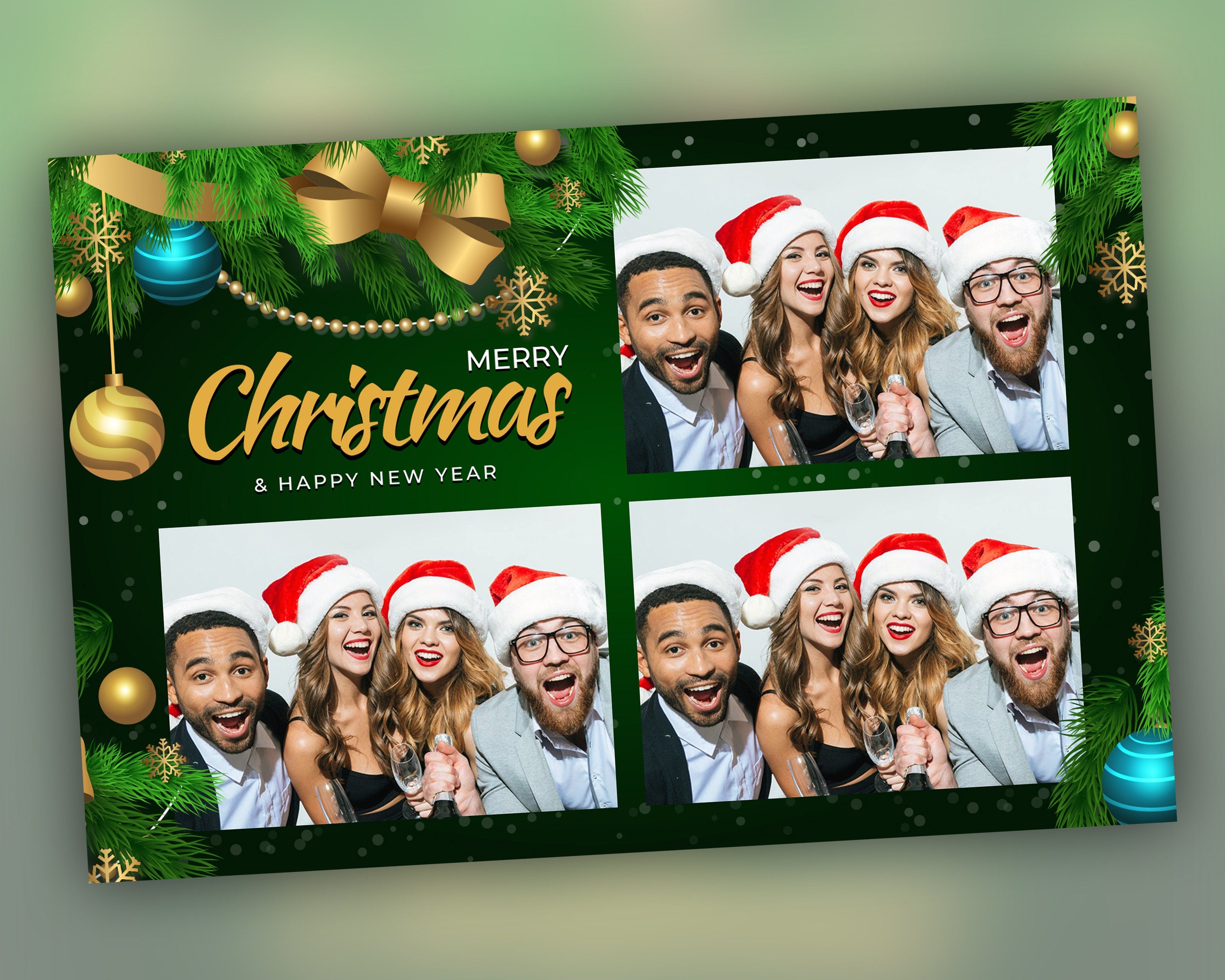 Christmas Photo Booth Template Holiday Party 2024 Green Gold Corporate Party Photobooth xmas 4x6 landscape 3 Photo booth template CM5