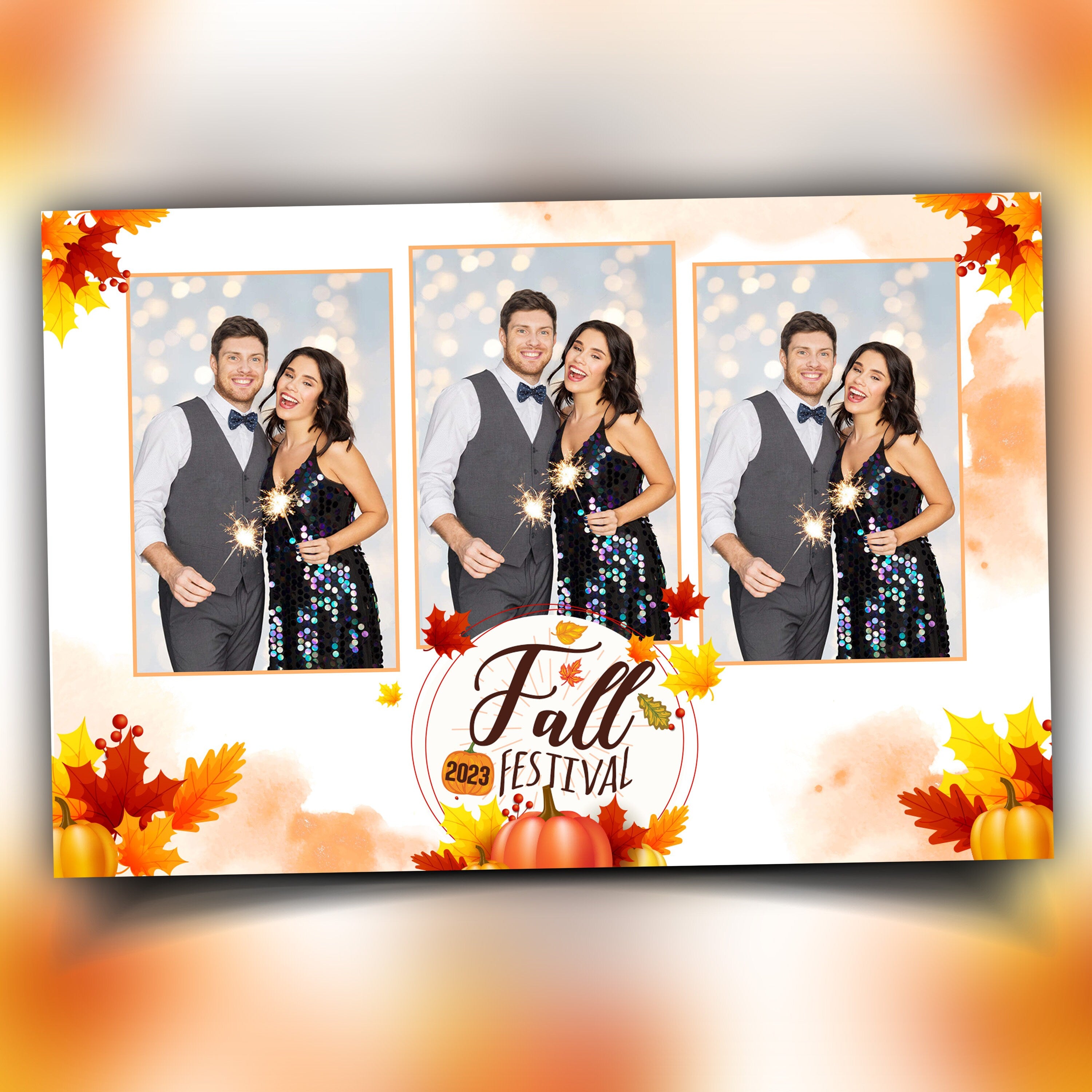 Fall Festival & Thanksgiving Photobooth template in 4x6 white and orange pumpkin theme Portrait 3 photo mirror booth magic mirror layout F7