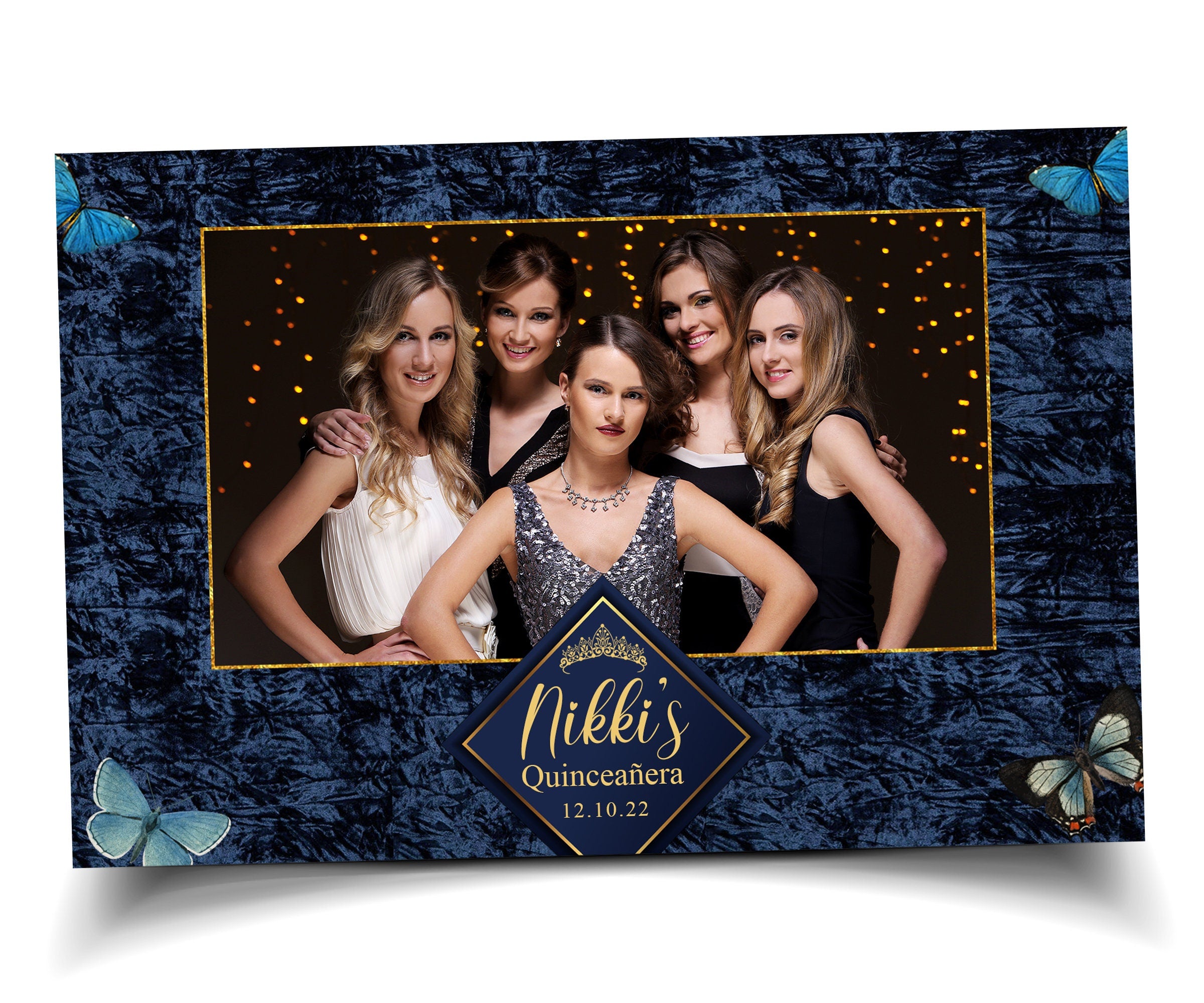 Birthday Blue Butterfly Quinceañera Photobooth template 4x6 landscape single photo sweet sixteen 16 birthday navy blue photo booth template
