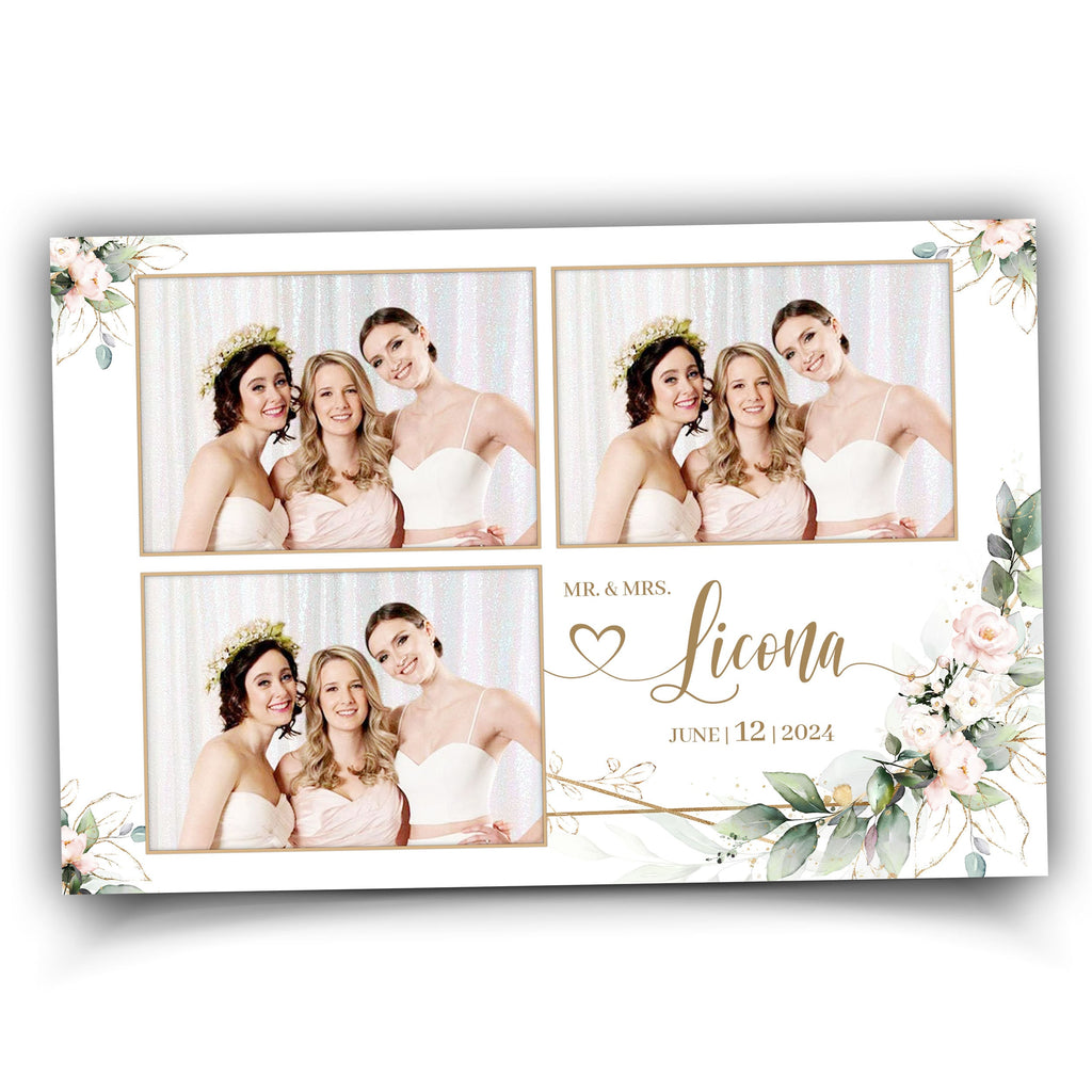 Wedding Photobooth template 4x6 with Floral blush pink flowers and greenery with gold triple photo Anniversary photo booth template TB683