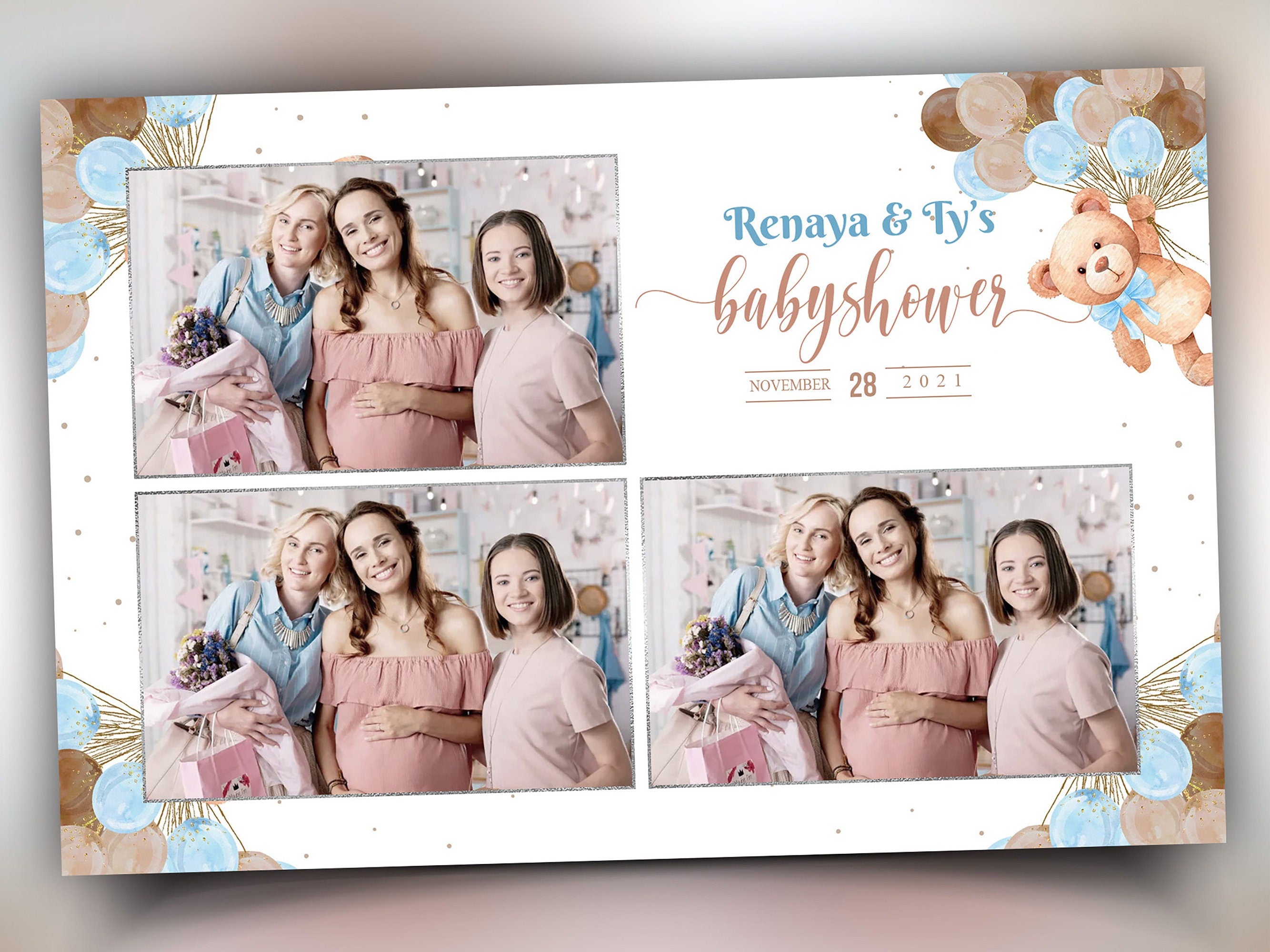 Baby Shower Photo booth Template 4x6 Teddy Bear Babyshower it's a boy sky blue brown tan balloons 1st birthday Photobooth Template BS1
