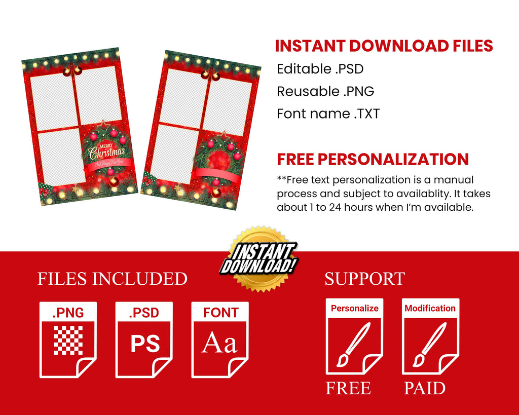 Christmas Photobooth Template, 4x6 portrait collage 3 photo Merry Christmas and New Year 2024 Xmas Green & Red for mirror booth and PSD PNG