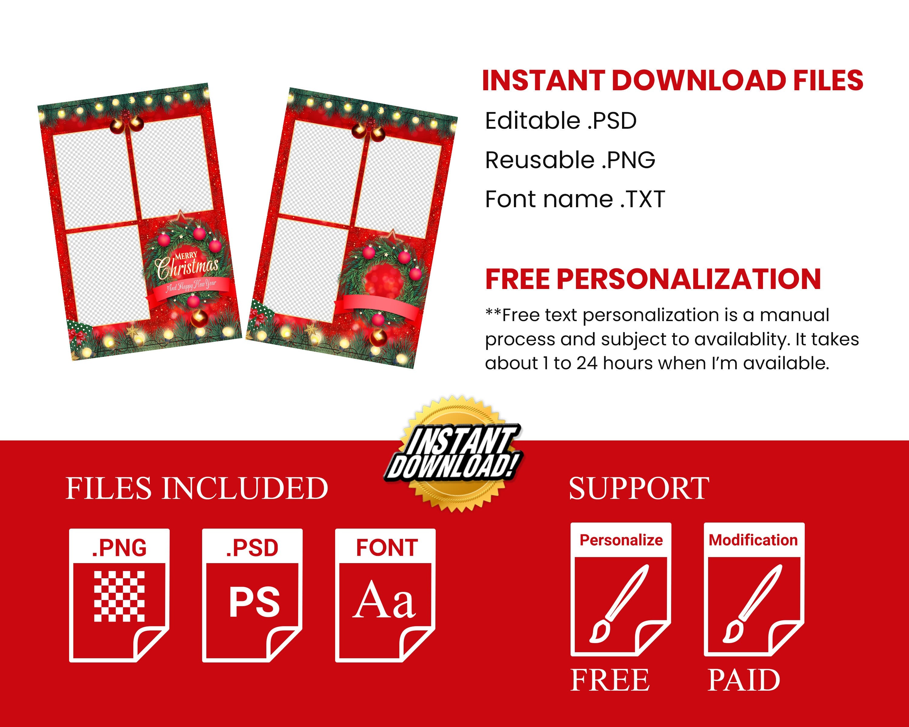 Christmas Photobooth Template, 4x6 portrait collage 3 photo Merry Christmas and New Year 2024 Xmas Green & Red for mirror booth and PSD PNG