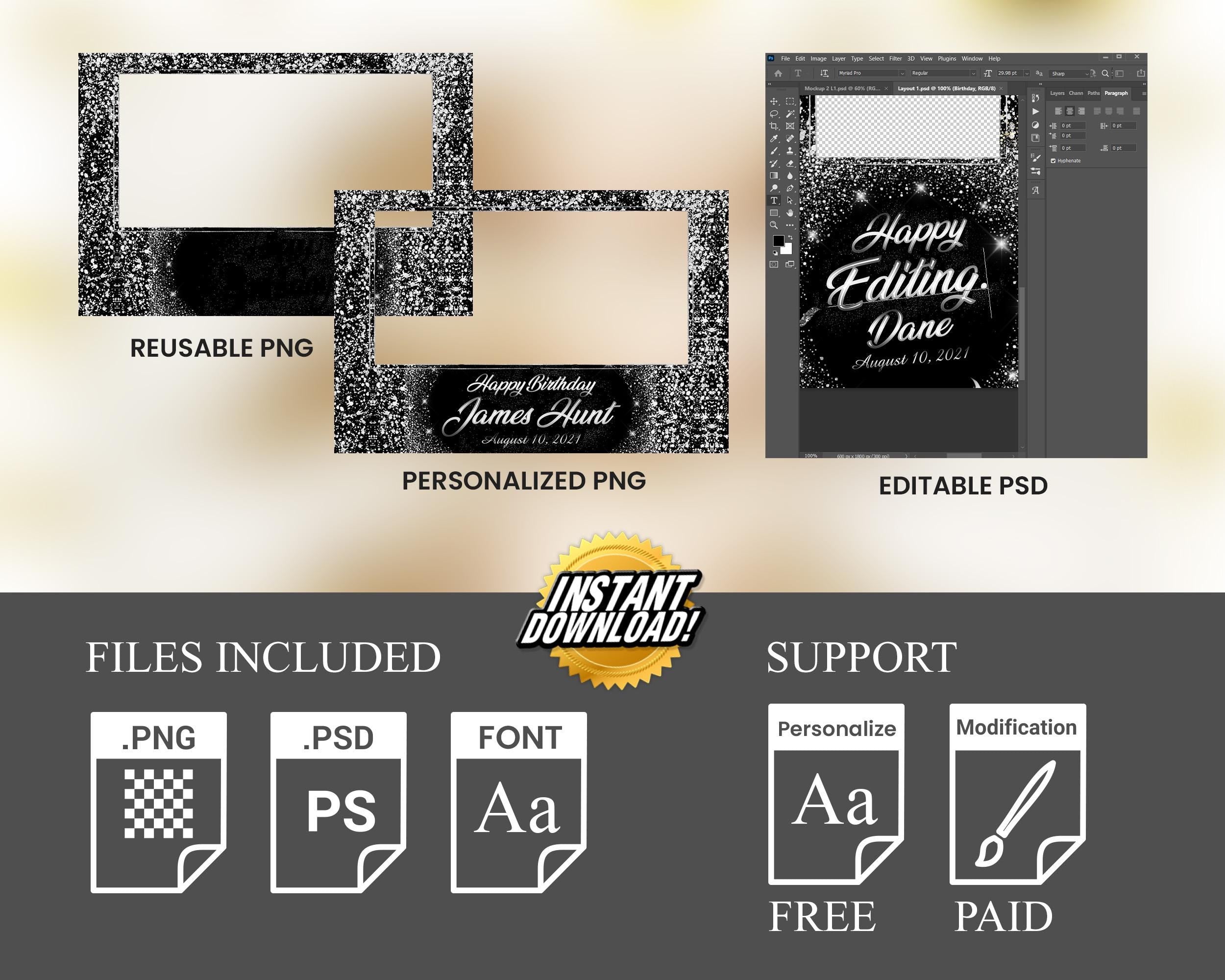 Birthday Photobooth Template Black Silver Glitter Sparkles silver dust bday photo booth template single photo 4x6 Landscape Layout 5 BM15