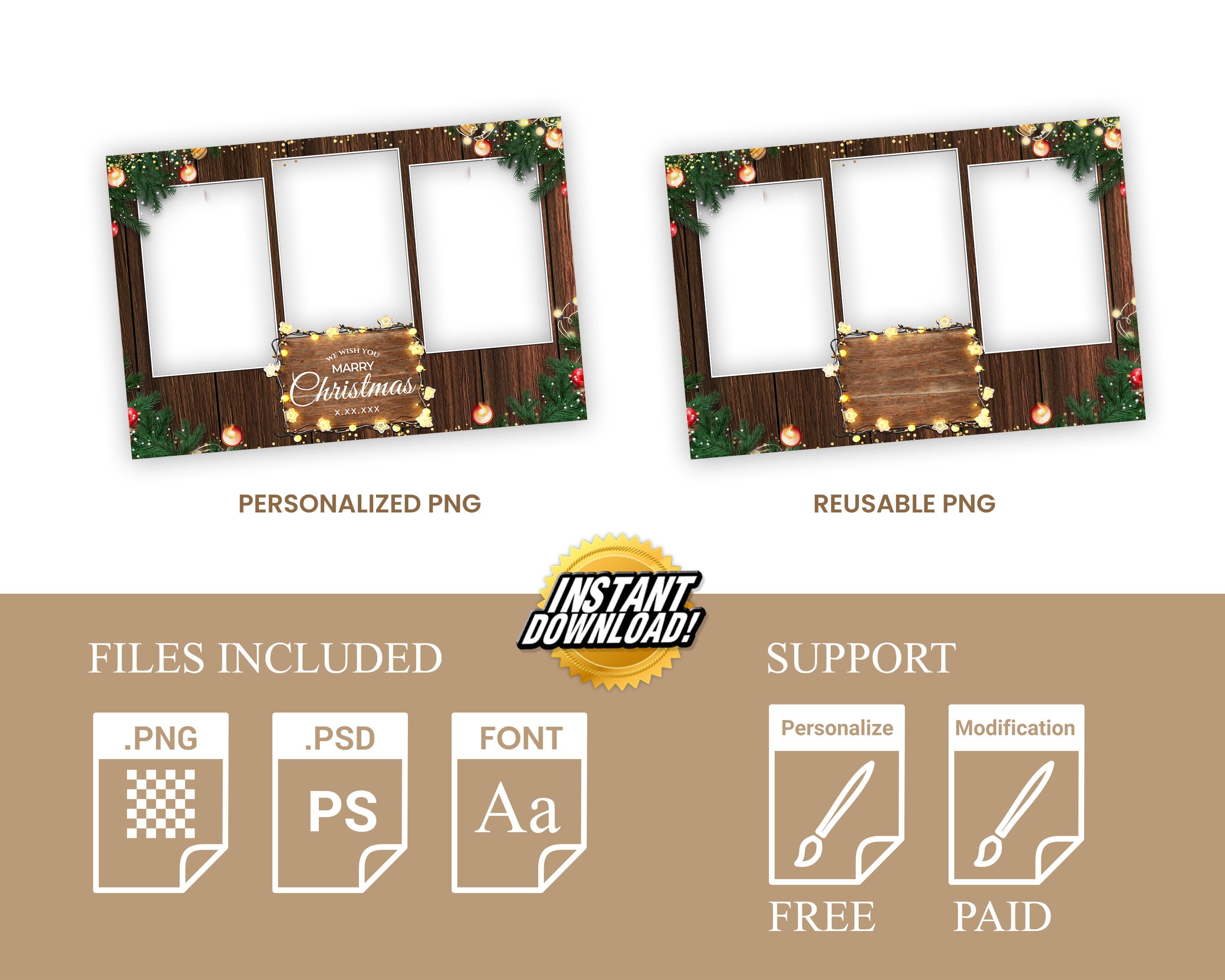 Christmas Photobooth Template 2024 Happy Holidays Wooden Greenery Lights 4x6 Landscape 3 photo portrait mirror booth booth Template CM4