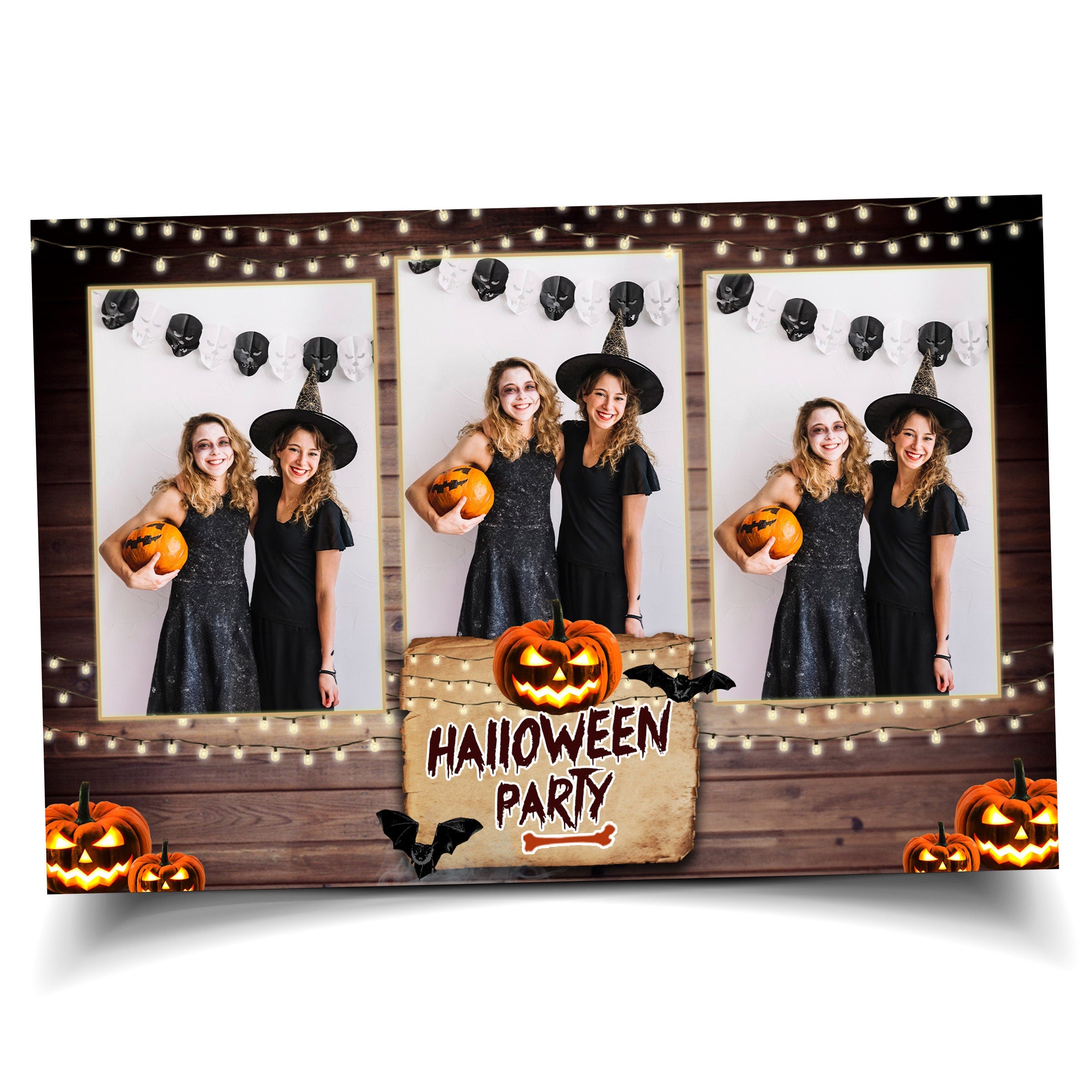 Halloween Photobooth Template 4x6 Trick or Treat Party 2024 wood & pumpkin theme light photo booth mirror booth Template portrait 3 shots