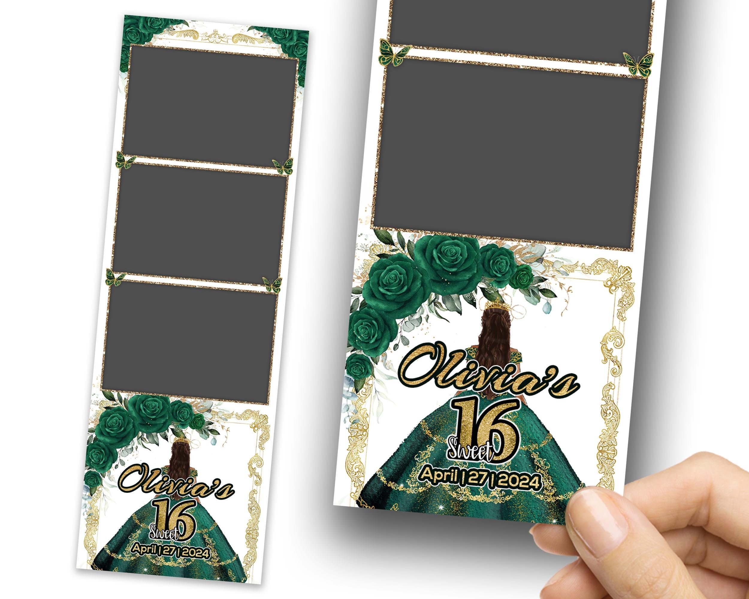 Sweet 16 Photobooth Template, Quinceanera Photo Booth, Birthday Photobooth, Quinceañera, 2x6 Strip, Red Flower, Butterfly, Green 1106