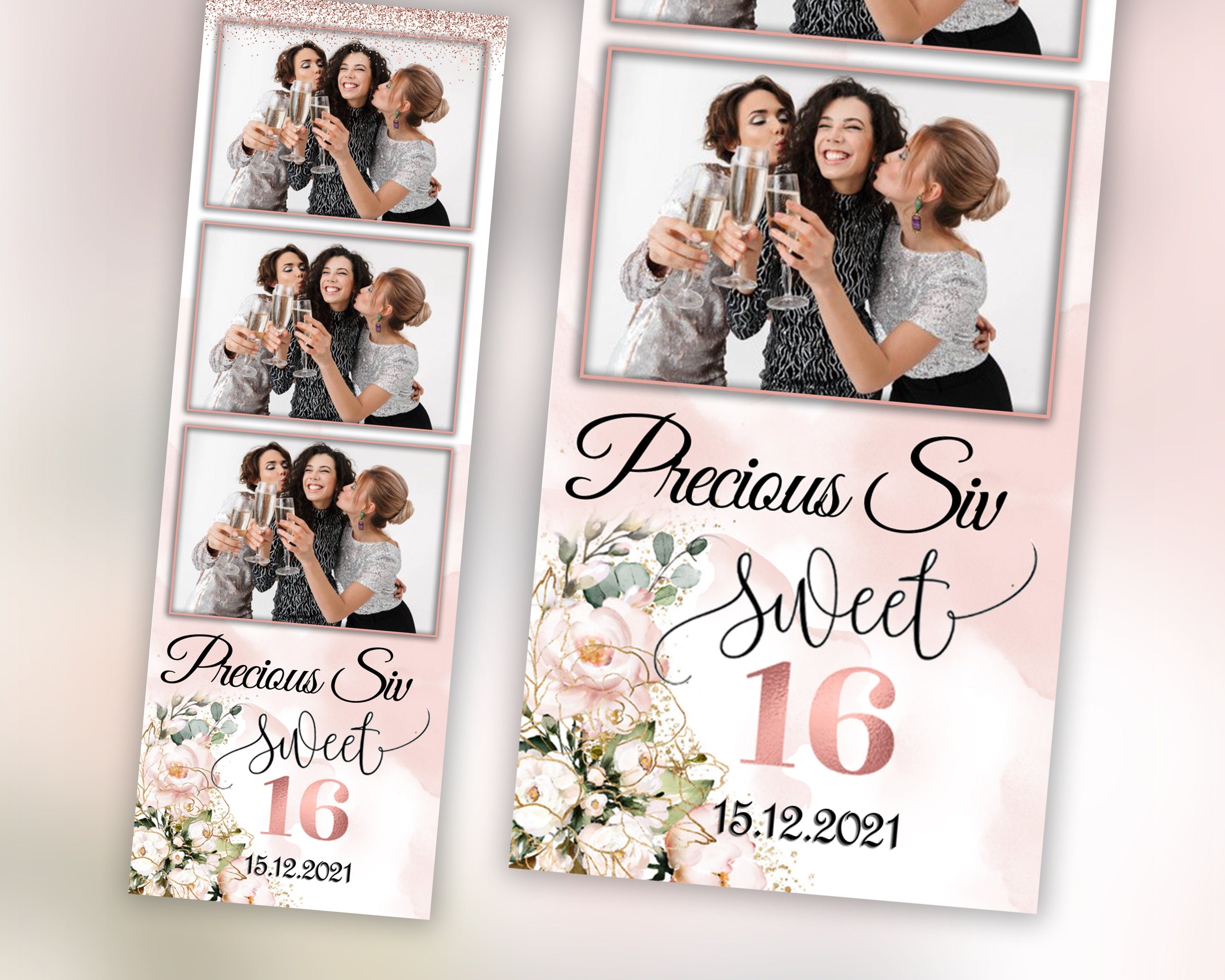 Birthday Sweet Sixteen Photobooth Template in pink rose gold Sweet 16, Quinceanera, Wedding Photo Booth Template 2x6 strip 3 photo layout