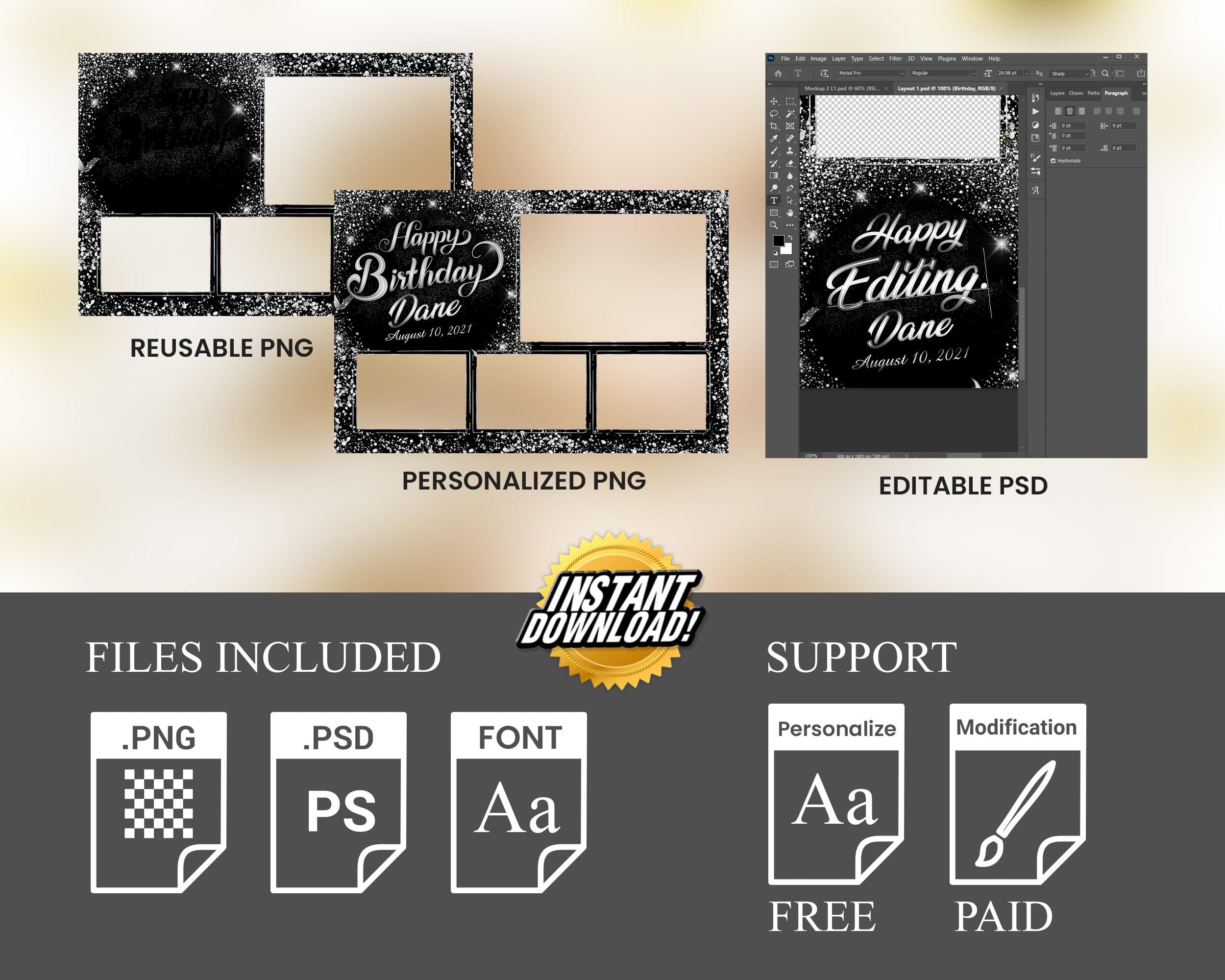 Birthday Photobooth Template 4x6 Black Silver Glitter Sparkles silver dust bday photo booth template 4 photos editable Layout 9 BM15