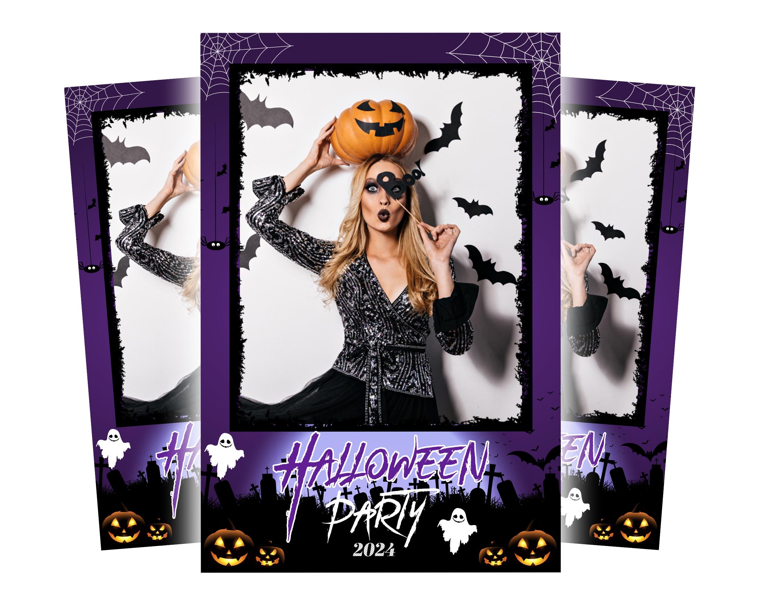 Halloween Photobooth template 4x6 single portrait purple Trick or Treat pumpkin photo booth template with scary night ghost elements TB199