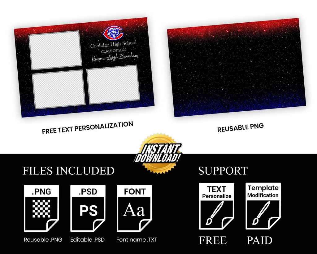 Graduation Celebration Party Photobooth Template Class of 2023 Red Blue Glitter Prom photo booth template Grad